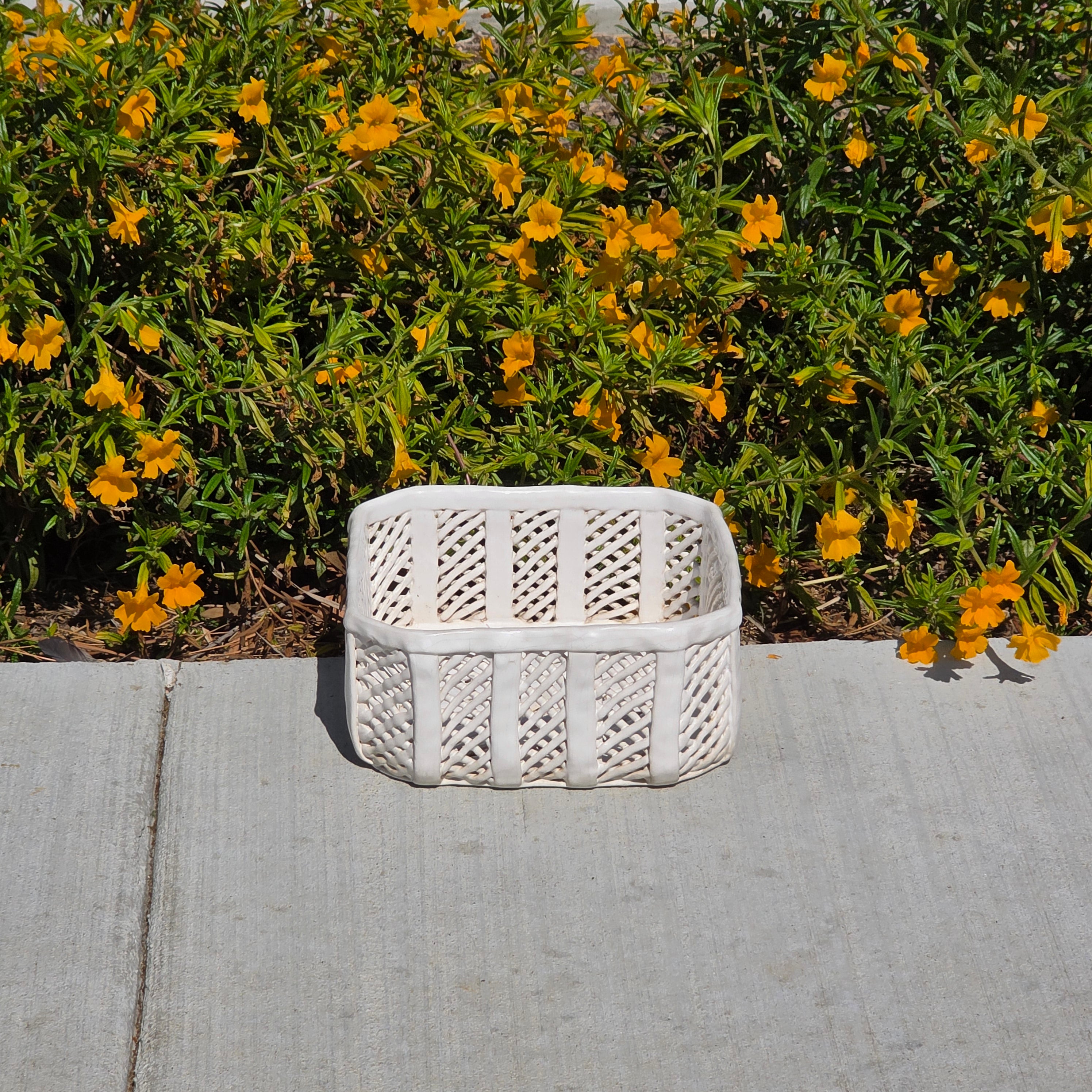 Vintage Portugal White Ceramic Woven Basket Planter Signed Lattice Savoir Style