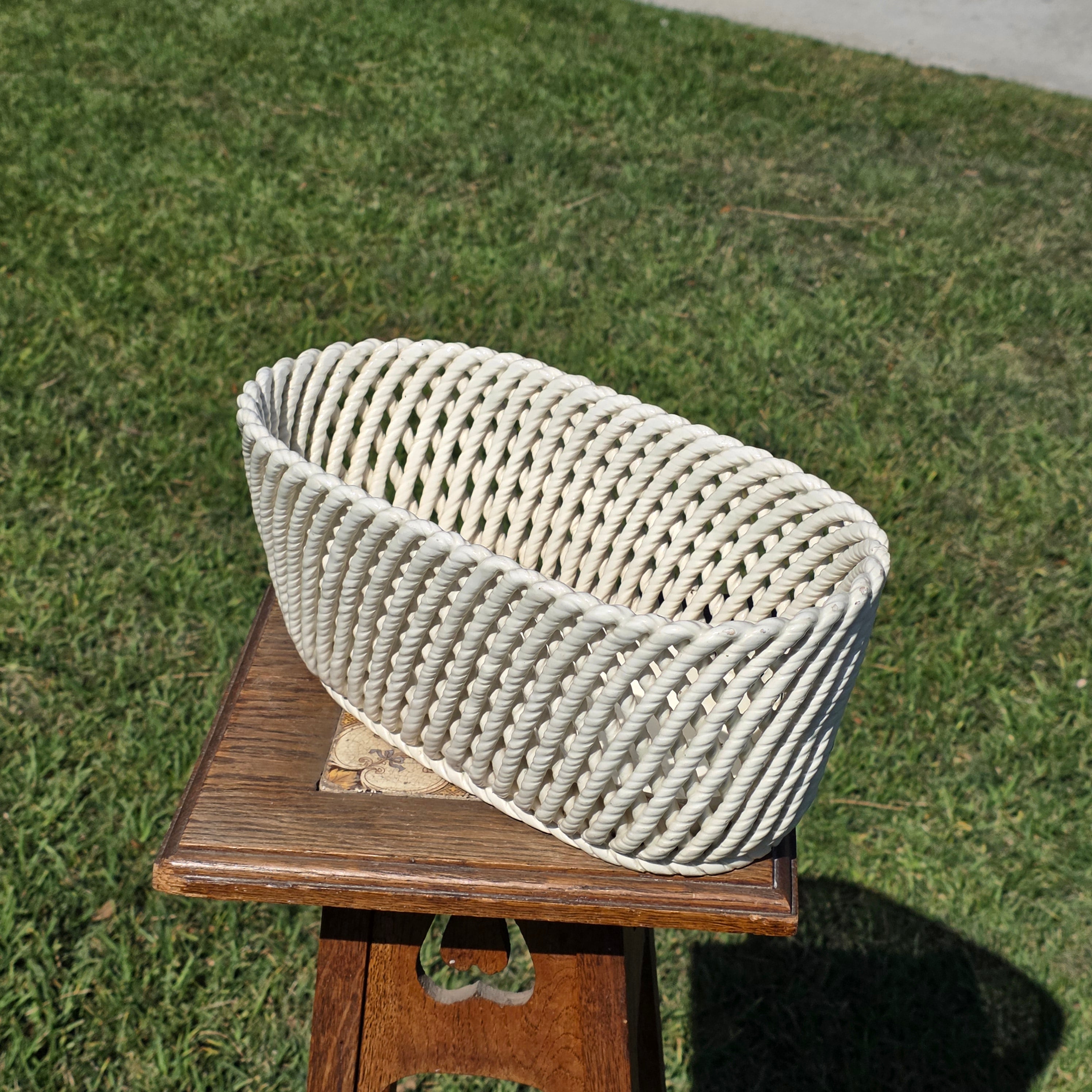 Vintage Spain White Ceramic Woven Basket Planter Large Rectangular Lattice 14"