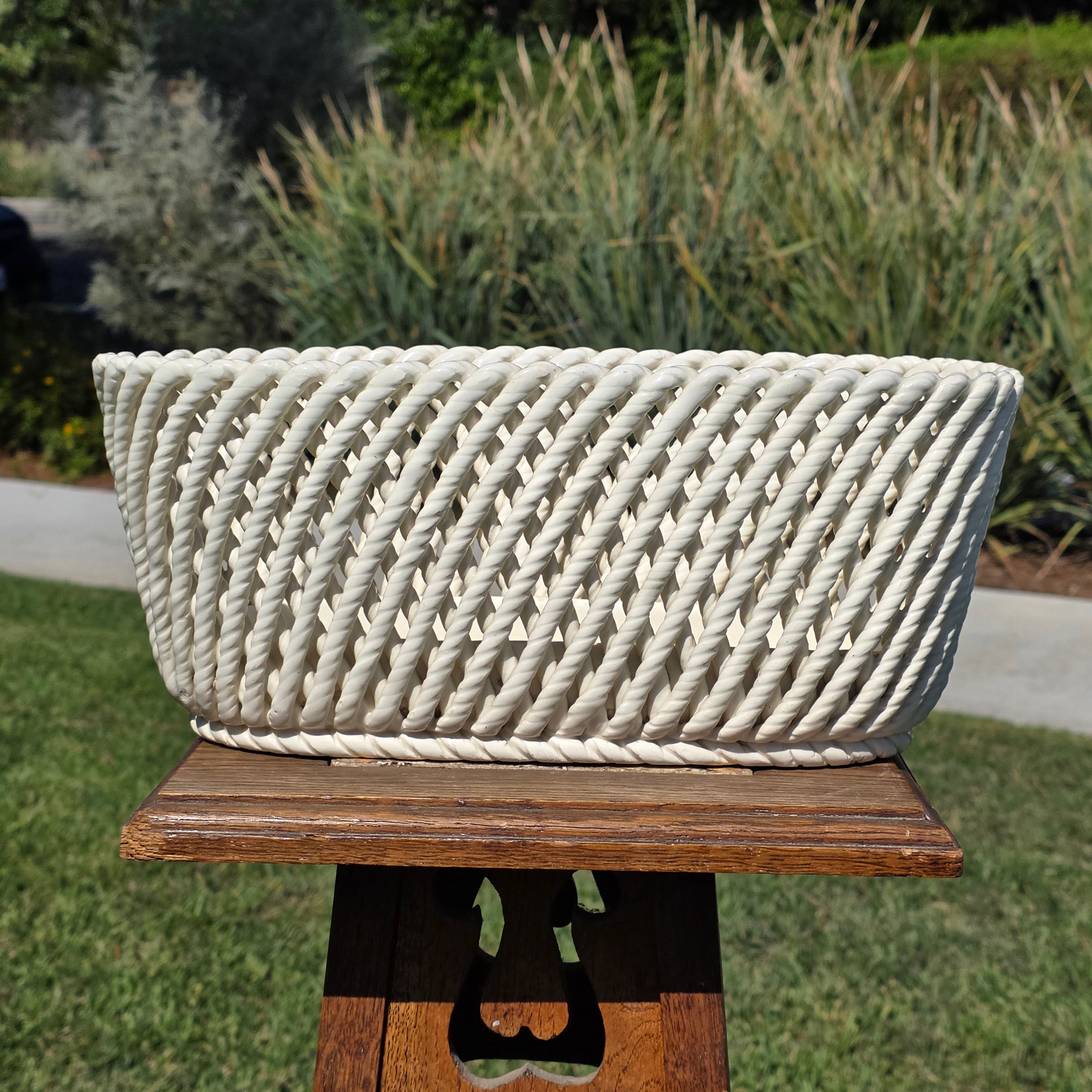 Vintage Spain White Ceramic Woven Basket Planter Large Rectangular Lattice 14"