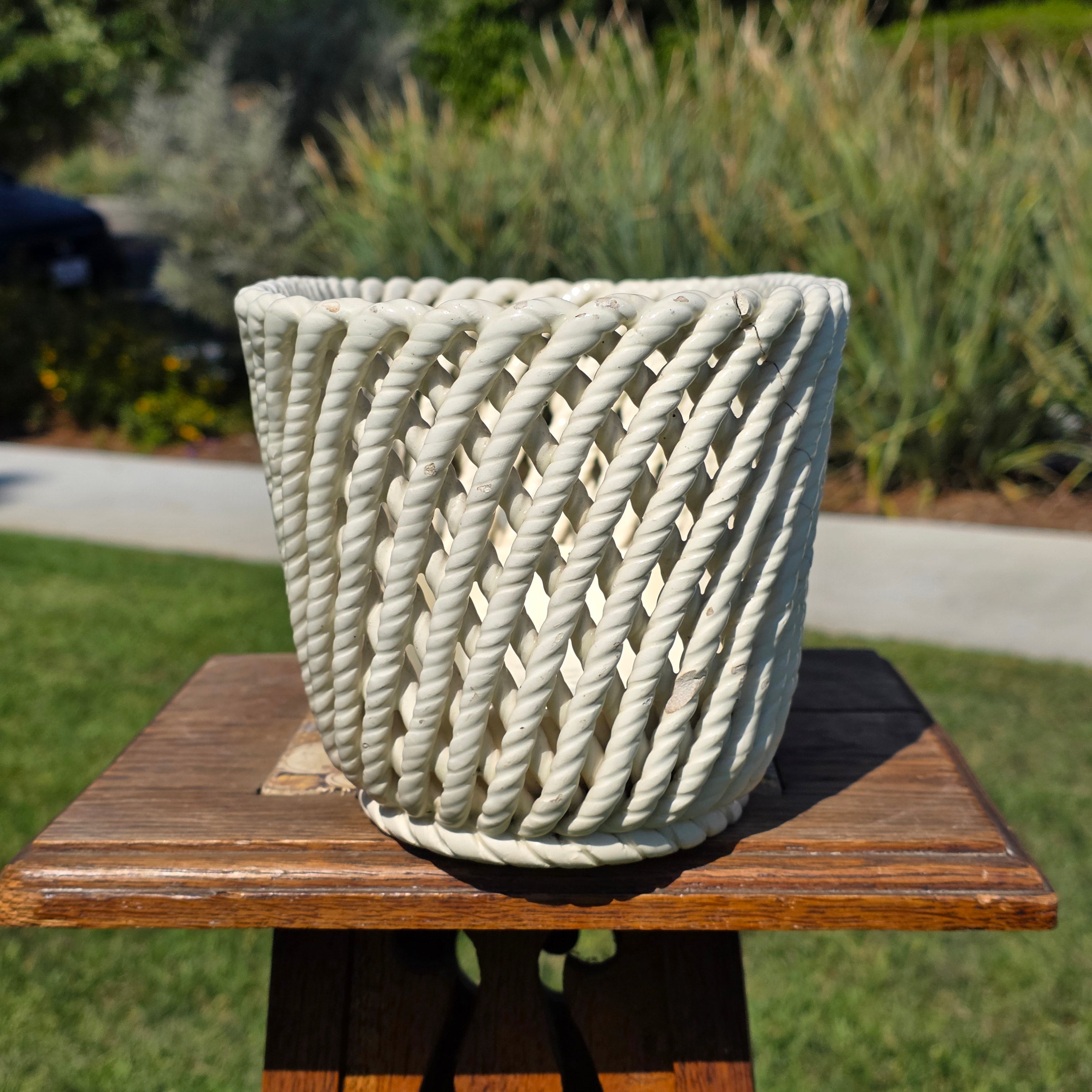 Vintage Spain White Ceramic Woven Basket Planter Large Rectangular Lattice 14"