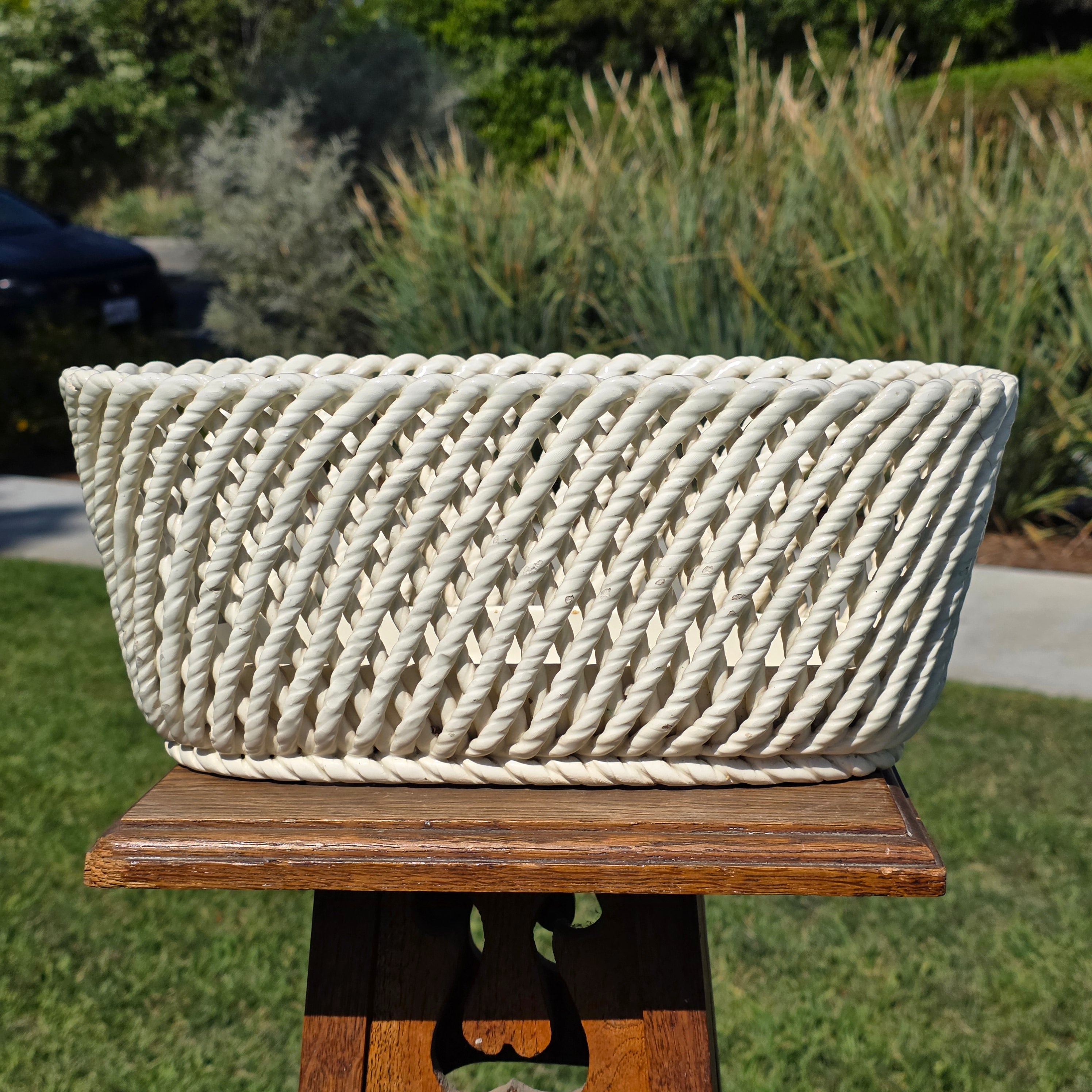 Vintage Spain White Ceramic Woven Basket Planter Large Rectangular Lattice 14"