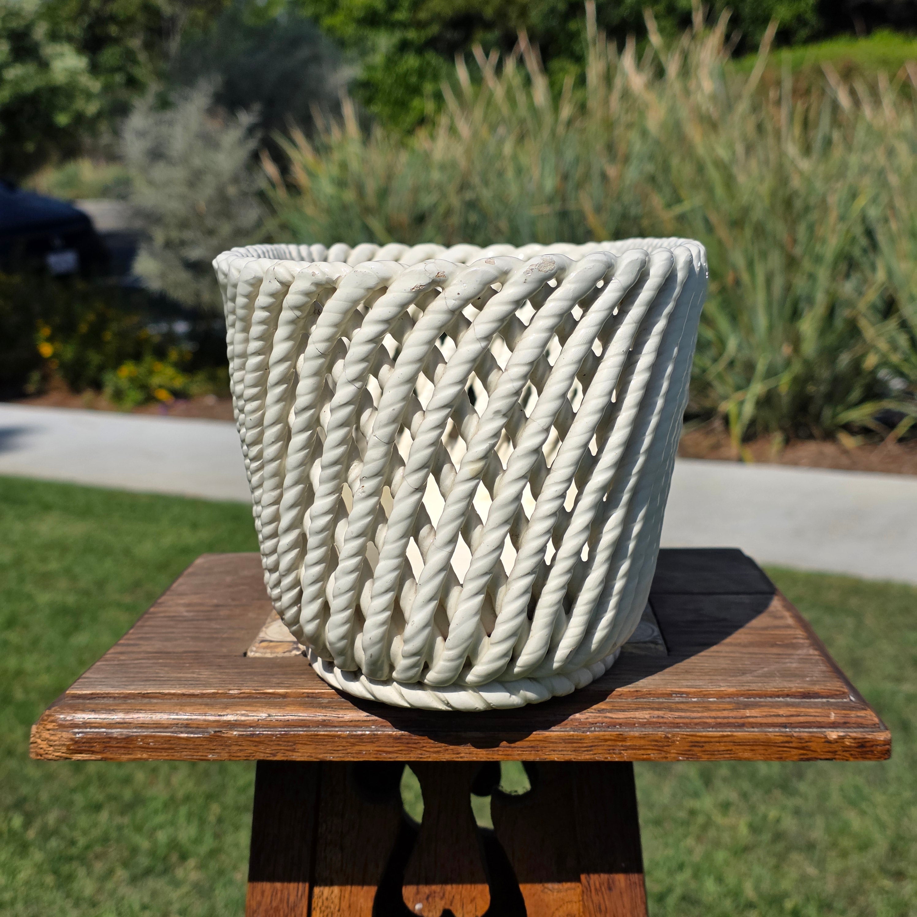 Vintage Spain White Ceramic Woven Basket Planter Large Rectangular Lattice 14"