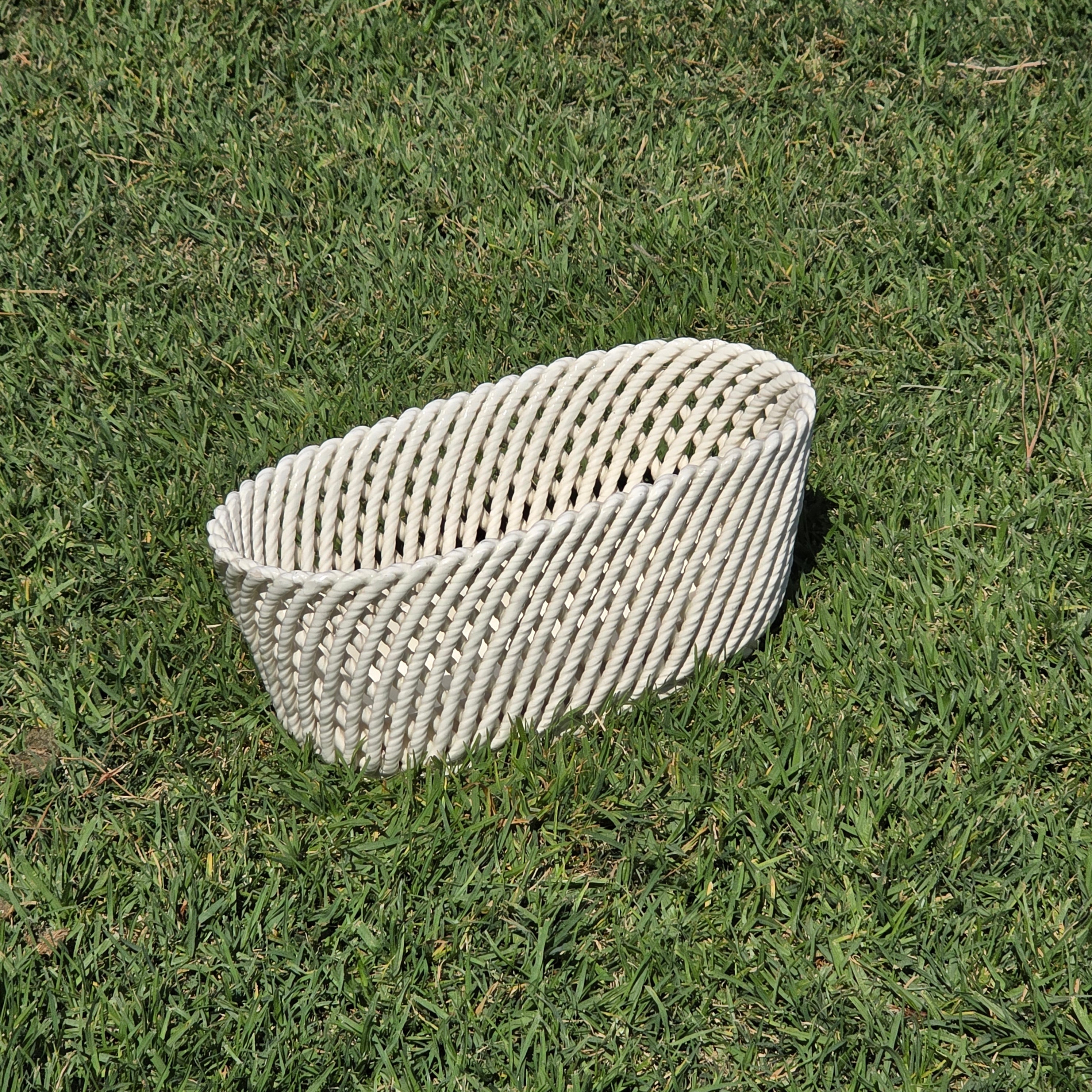 Vintage Spain White Ceramic Woven Basket Planter Large Rectangular Lattice 14"