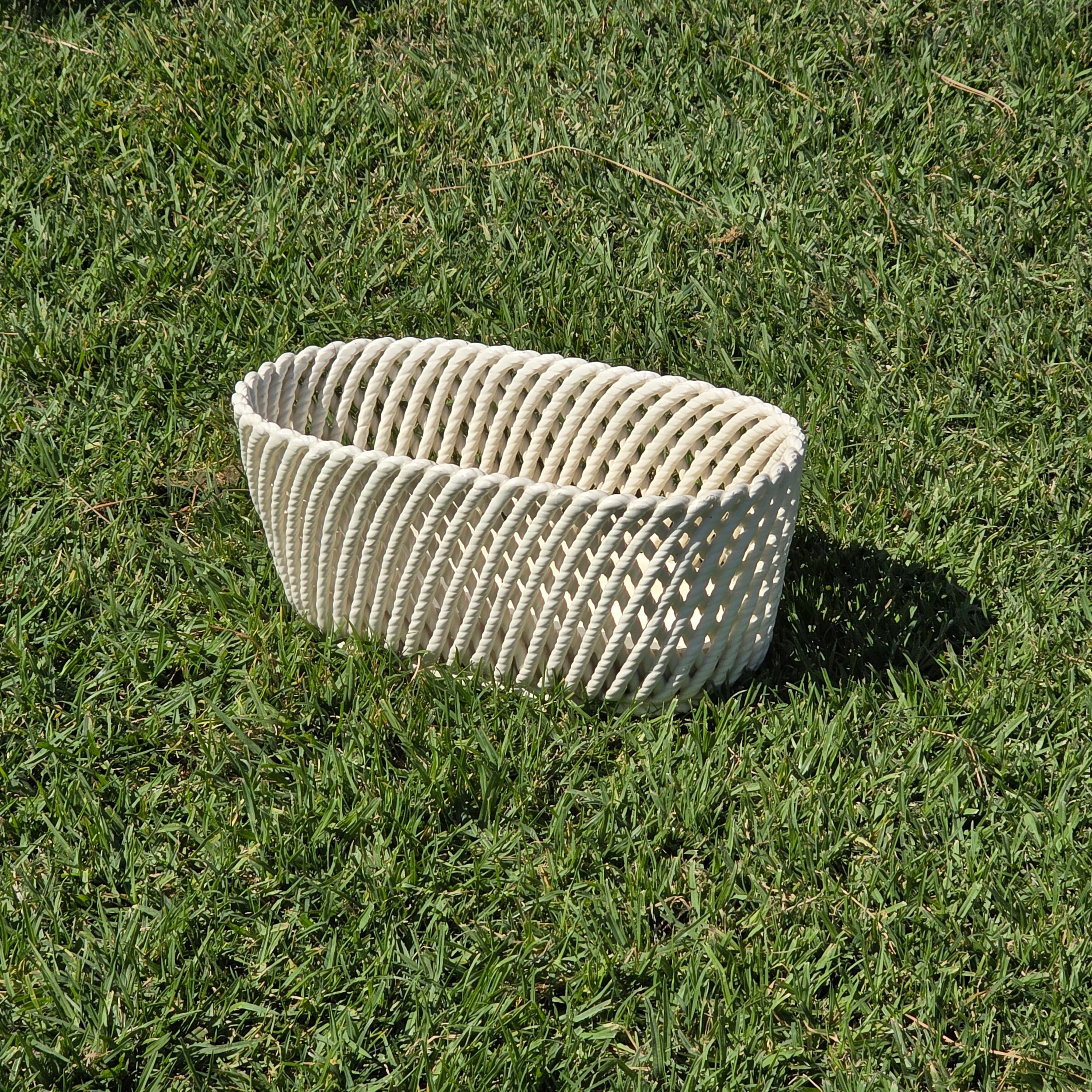 Vintage Spain White Ceramic Woven Basket Planter Large Rectangular Lattice 14"
