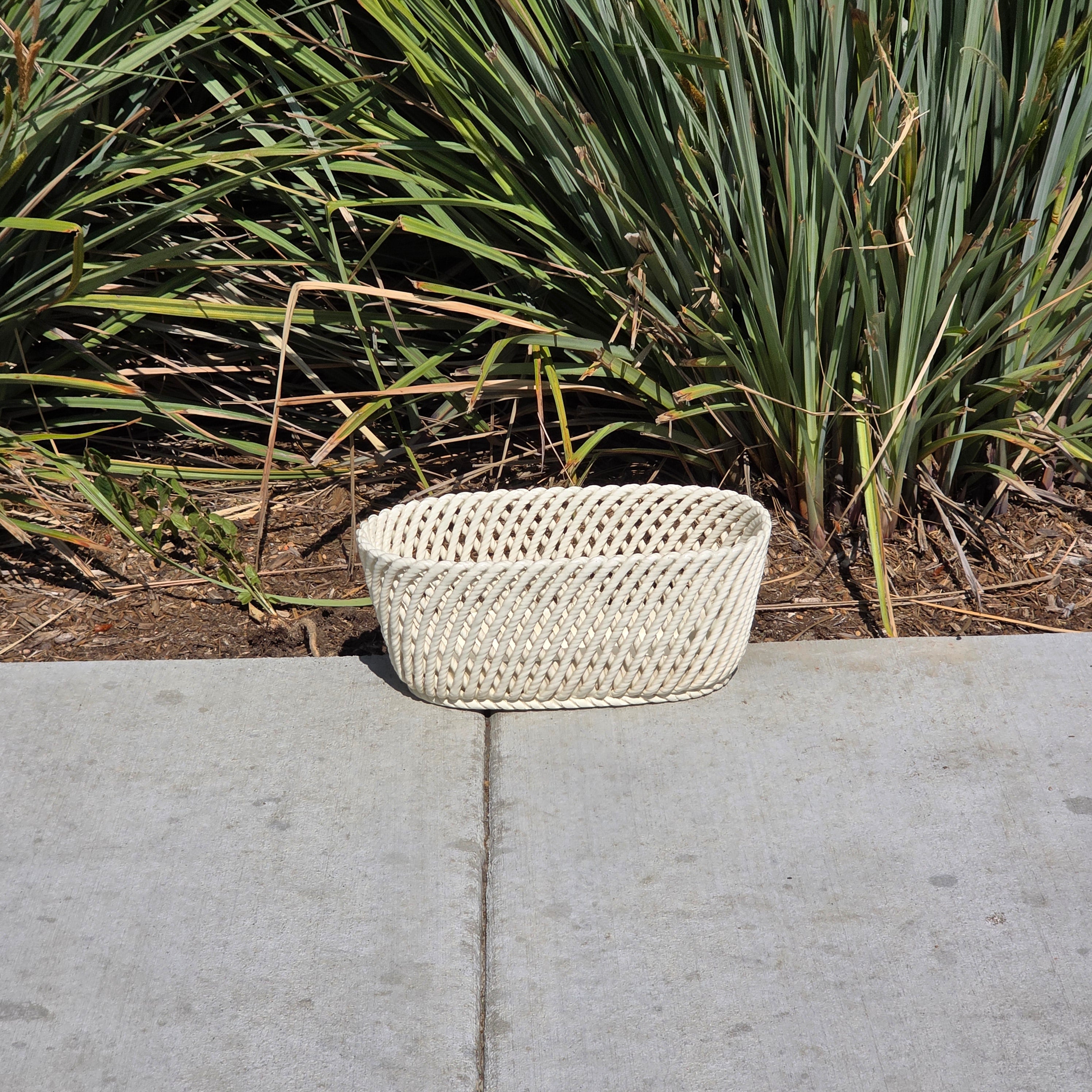 Vintage Spain White Ceramic Woven Basket Planter Large Rectangular Lattice 14"