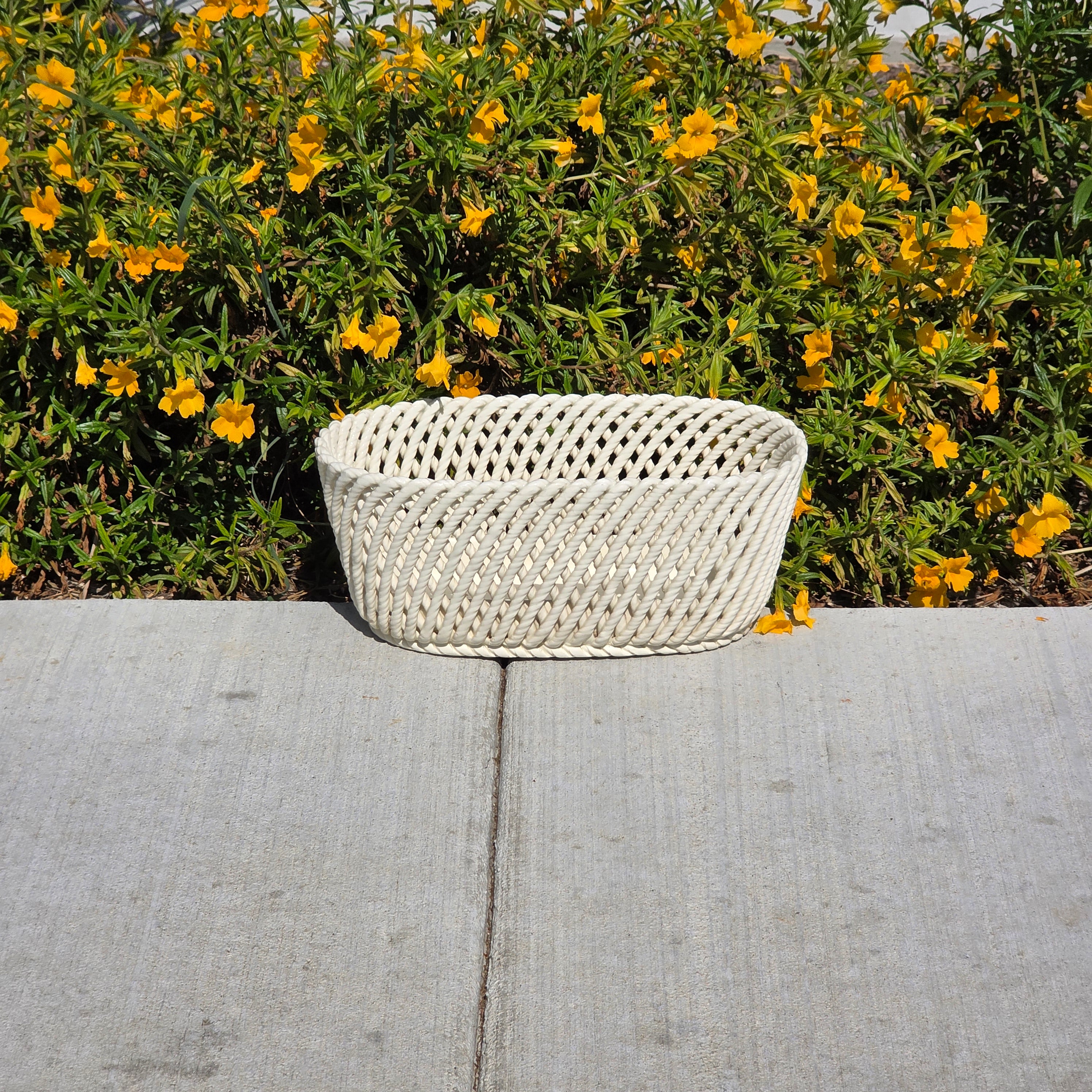 Vintage Spain White Ceramic Woven Basket Planter Large Rectangular Lattice 14"