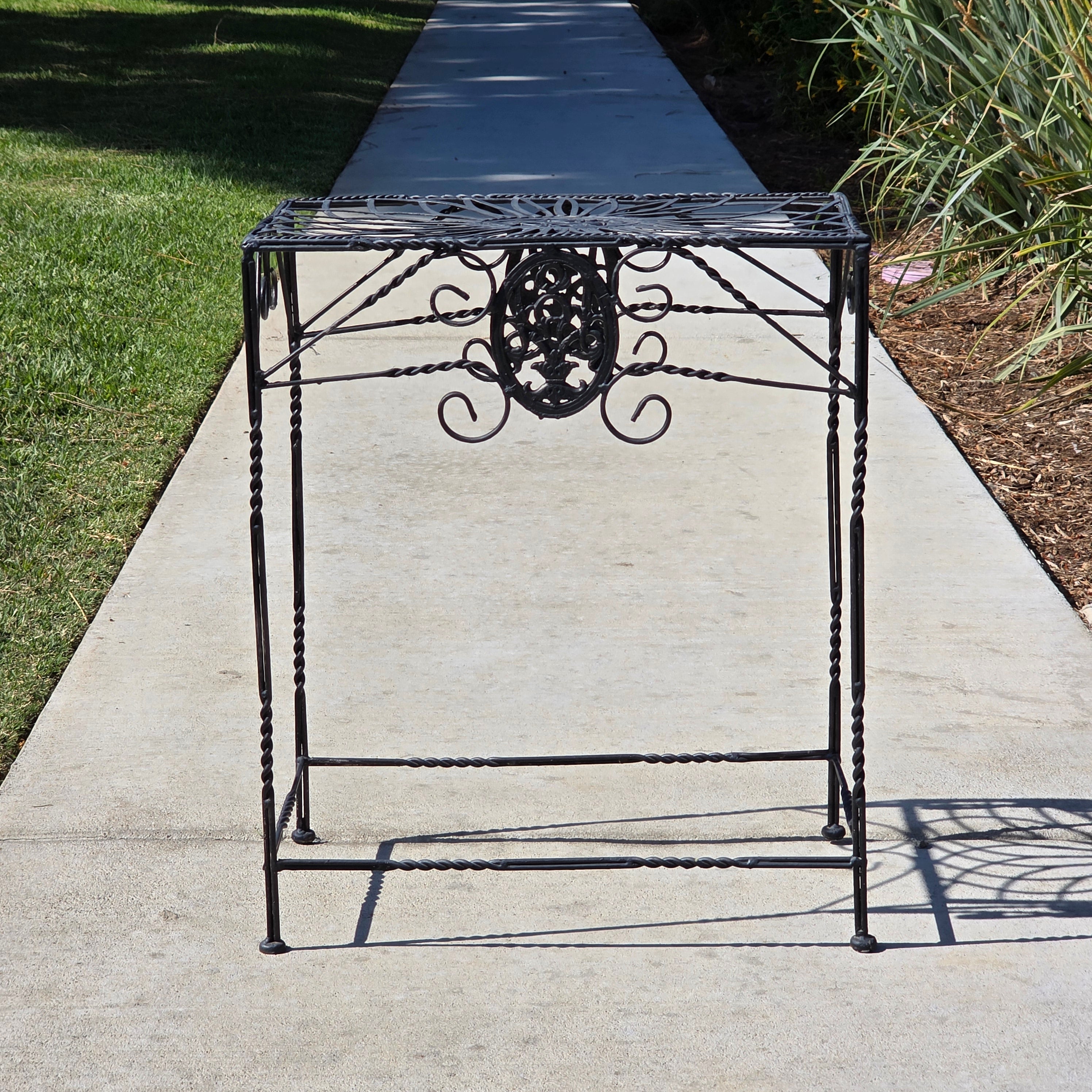 Vintage Grey Steel Plant Stand Shabby Chic Fleur de Lis Style Side Table French