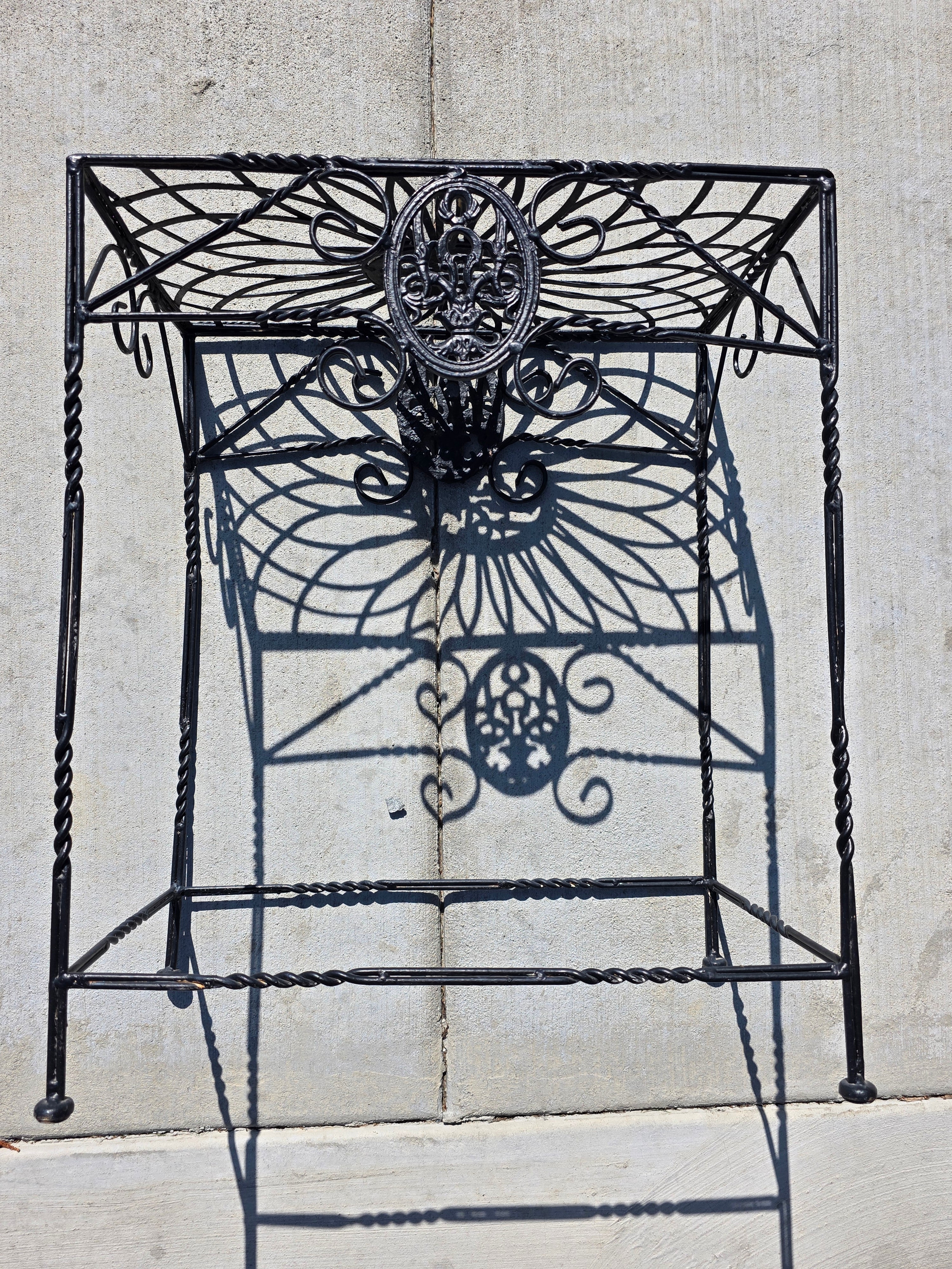 Vintage Grey Steel Plant Stand Shabby Chic Fleur de Lis Style Side Table French