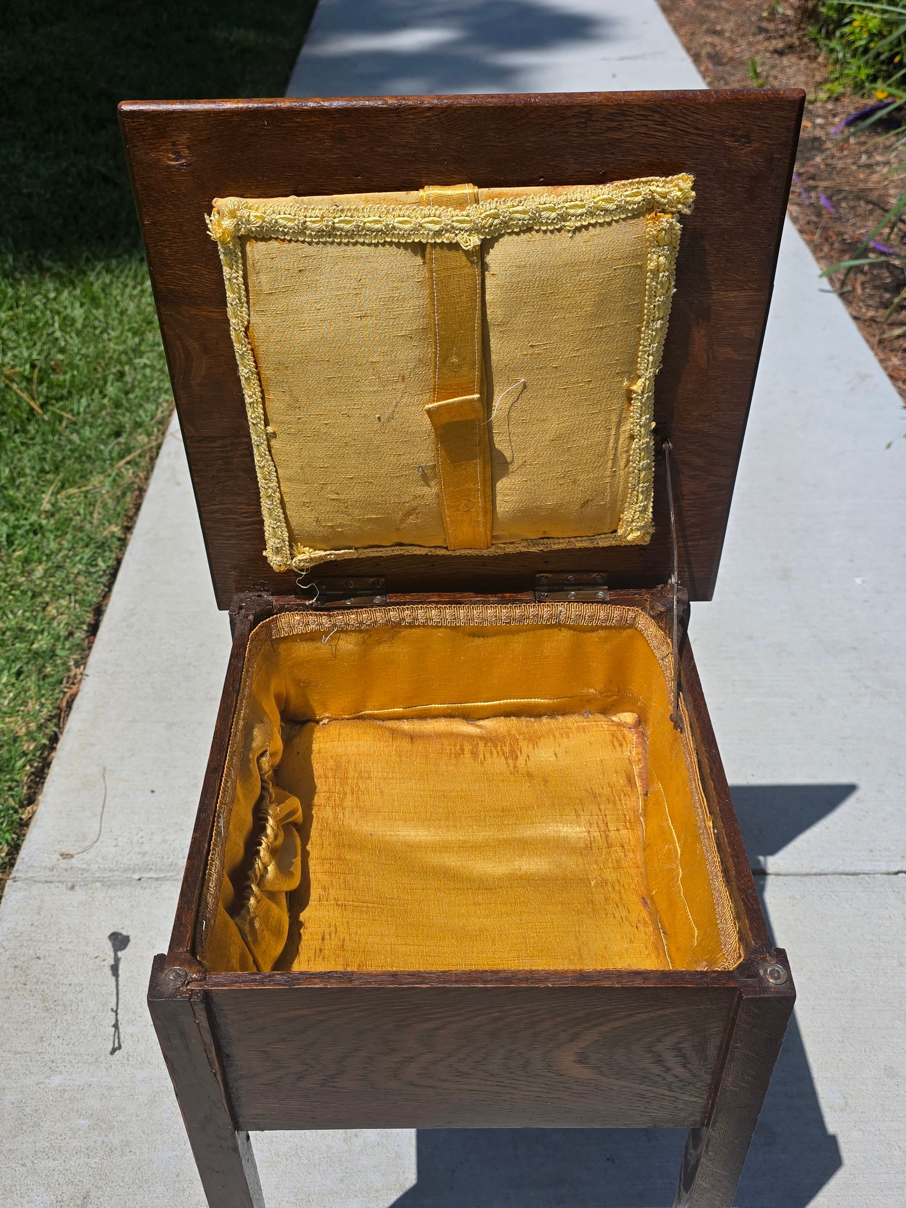 Antique Late Victorian Sewing Box Table 1890s English Tiger Oak Work Box Storage