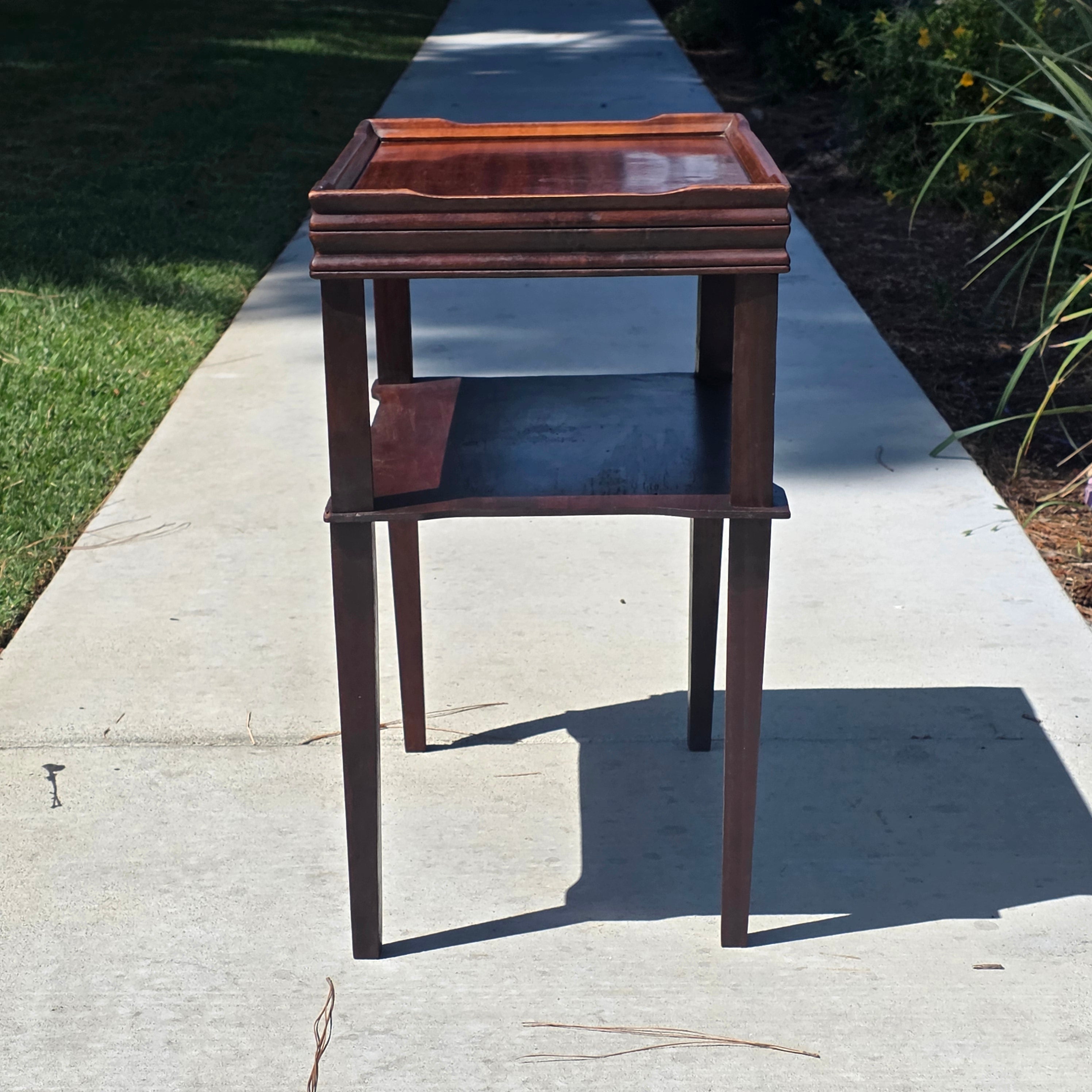 Vintage Mahogany 2-Tier Side Table Nightstand Tray Top Teacart Knockdown Brown