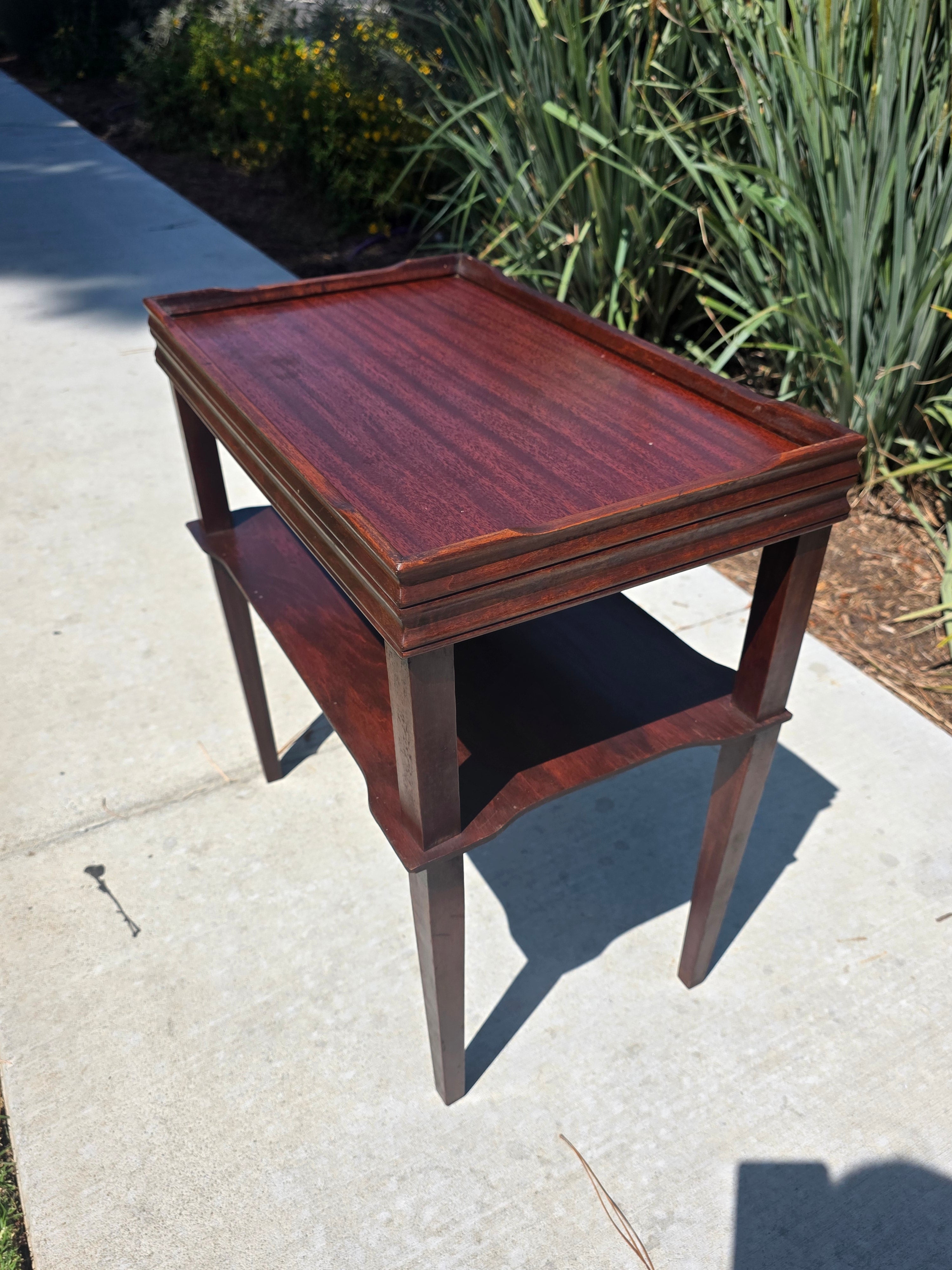 Vintage Mahogany 2-Tier Side Table Nightstand Tray Top Teacart Knockdown Brown