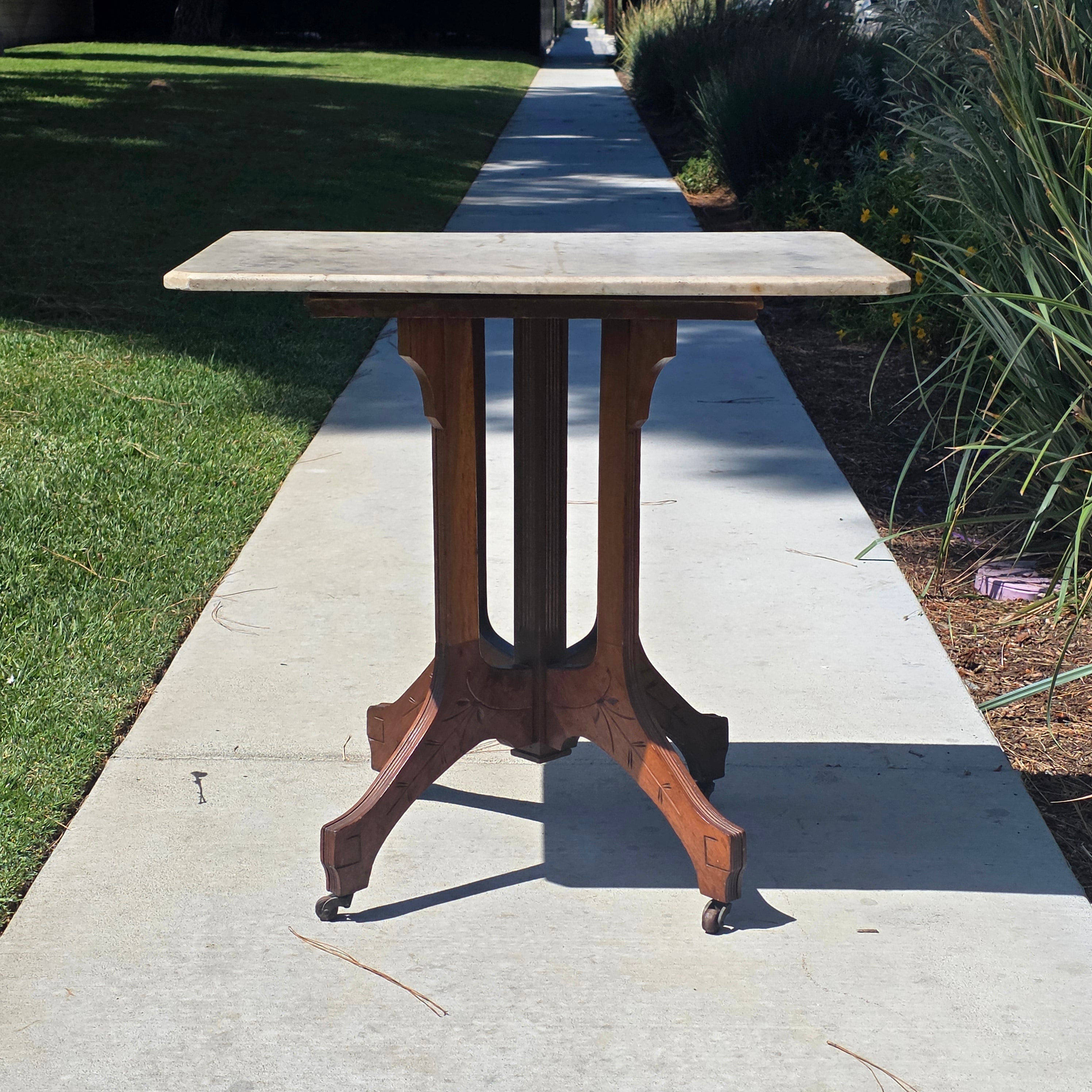 Antique Eastlake Marble Top Side Table Walnut Wood Victorian 19th C Lamp Stand