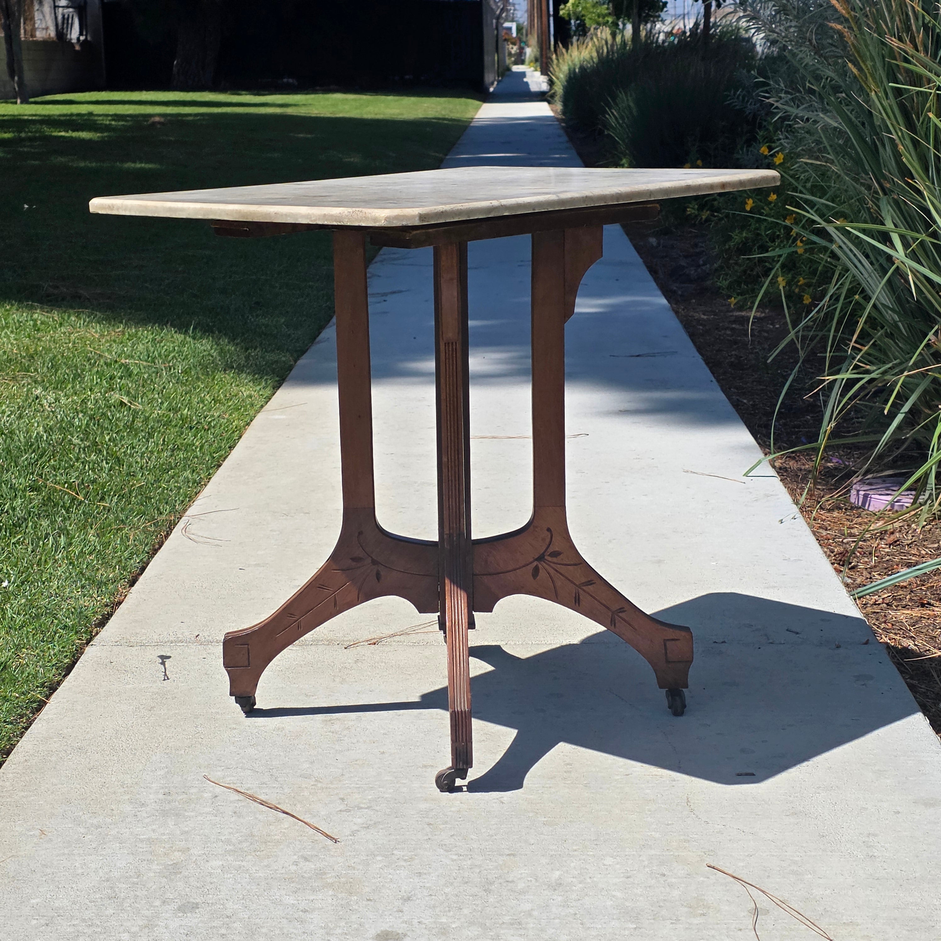 Antique Eastlake Marble Top Side Table Walnut Wood Victorian 19th C Lamp Stand