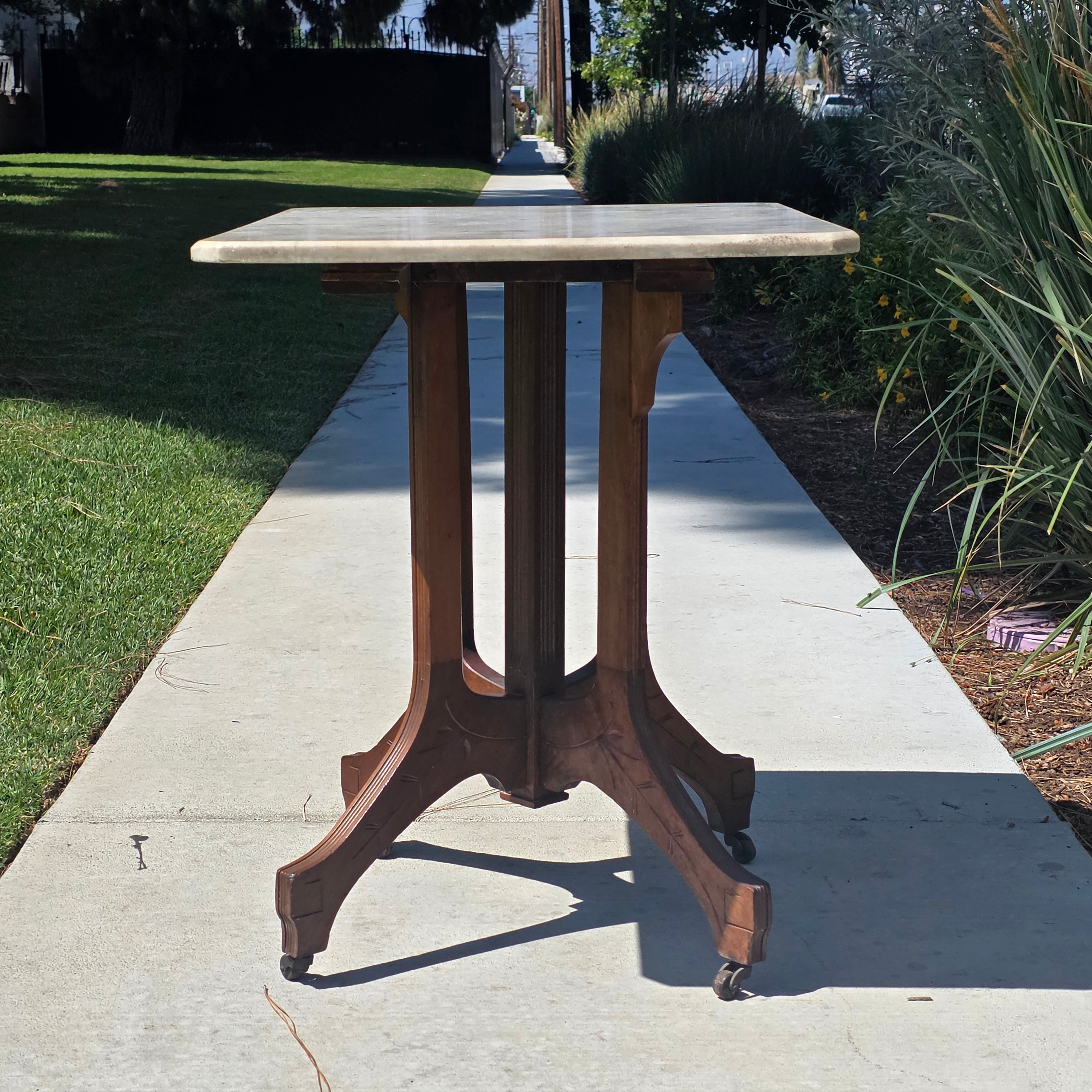 Antique Eastlake Marble Top Side Table Walnut Wood Victorian 19th C Lamp Stand