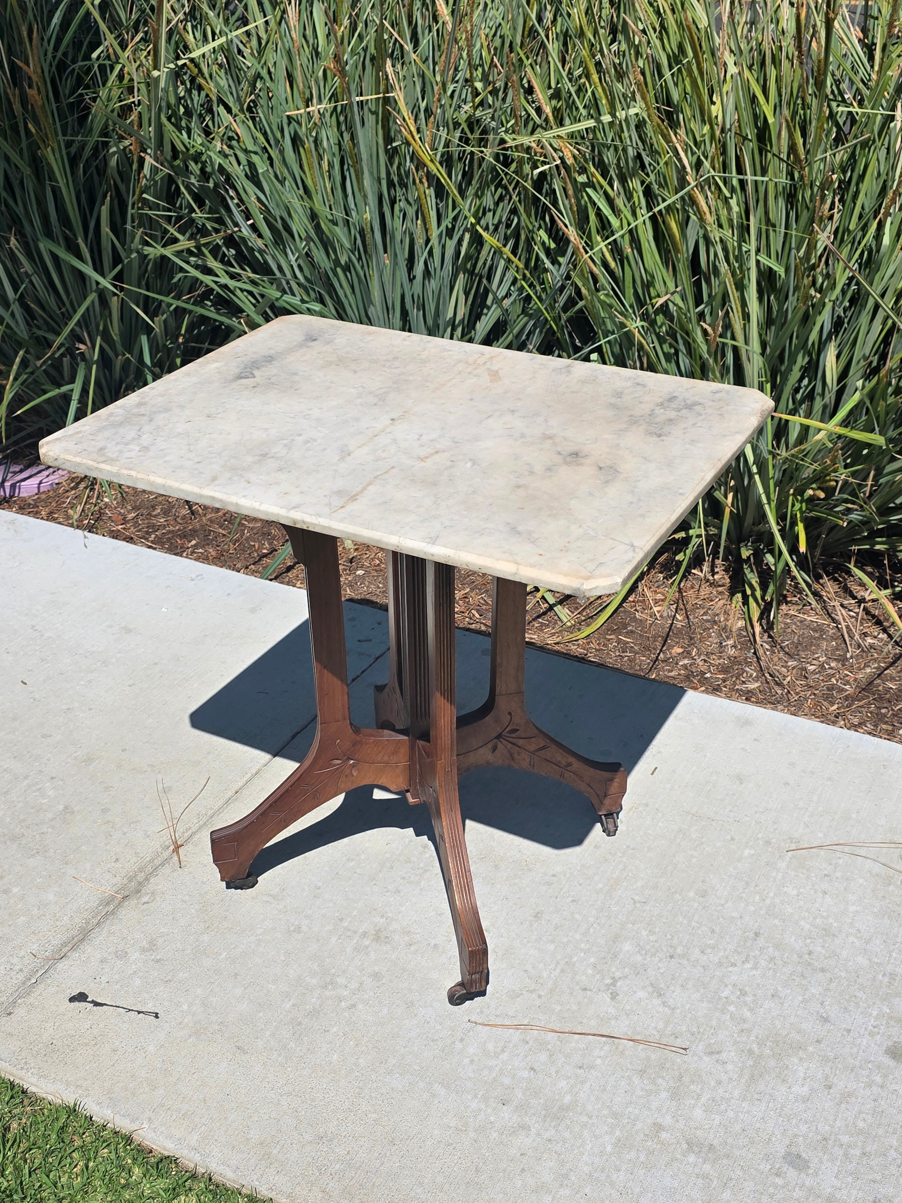 Antique Eastlake Marble Top Side Table Walnut Wood Victorian 19th C Lamp Stand