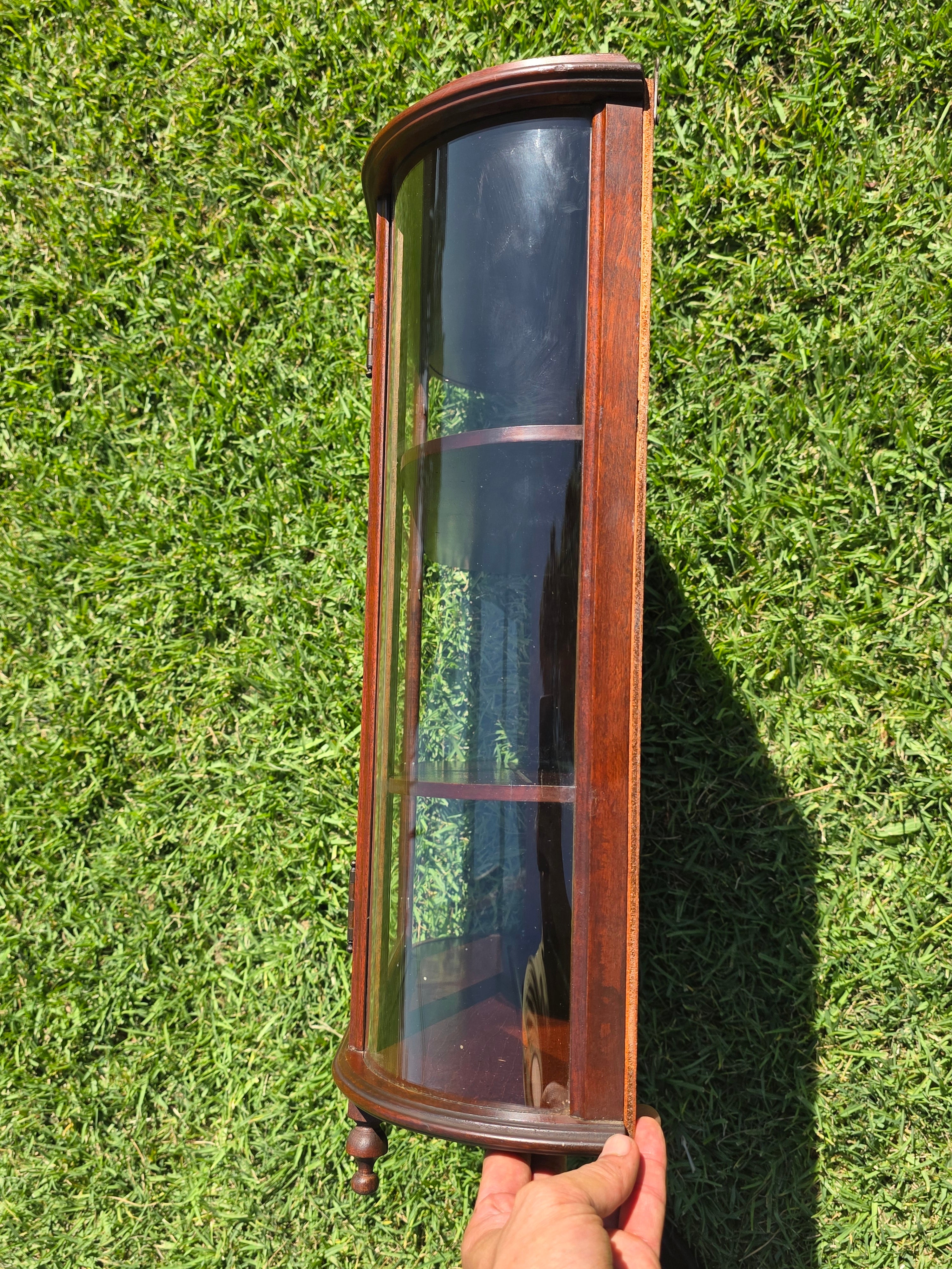 Vintage Federal Style Curved Glass Wall Curio Cabinet Mirror Back Display Case