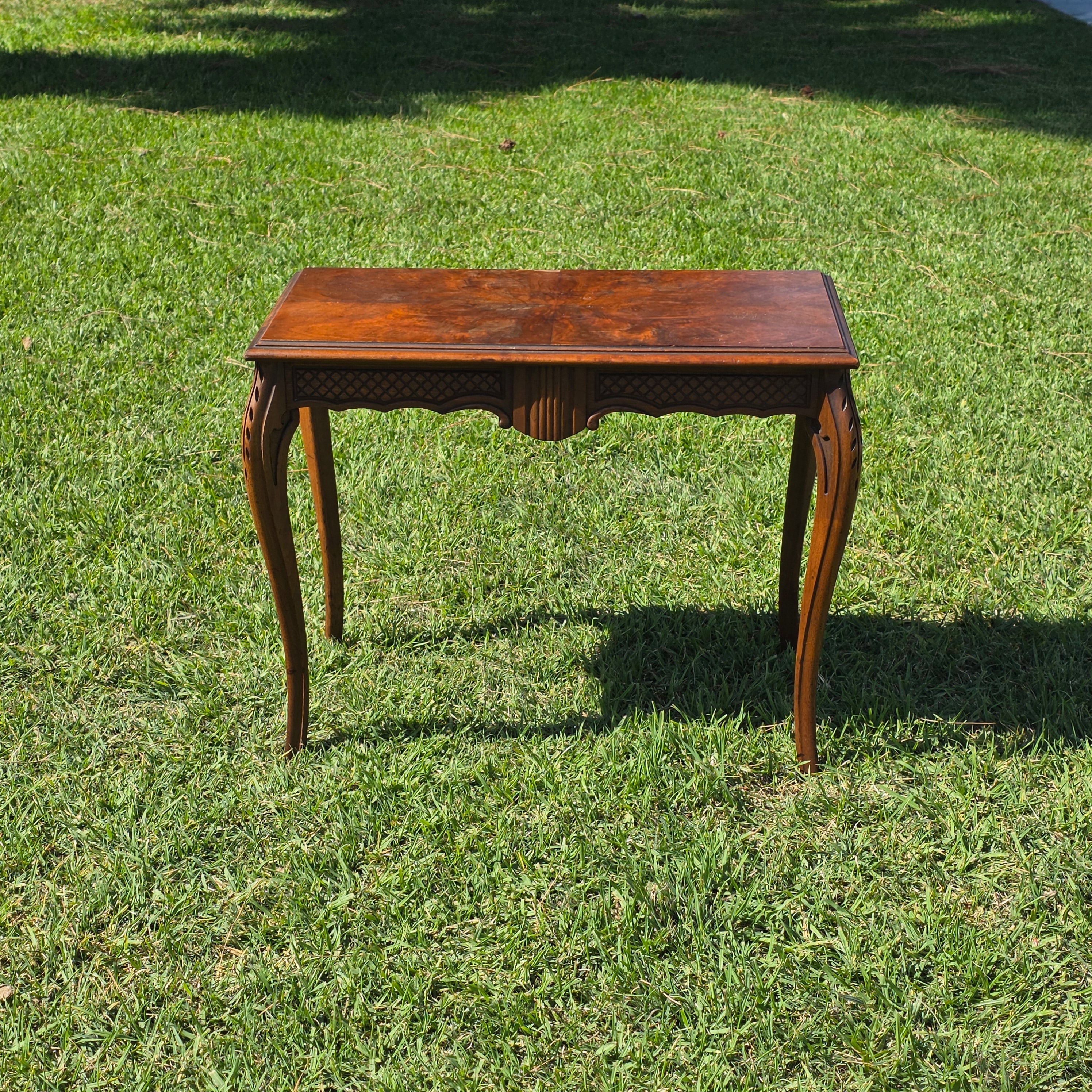 Vintage French Queen Anne Console Table Wood Accent Inlay Cabriole Leg 26" Small