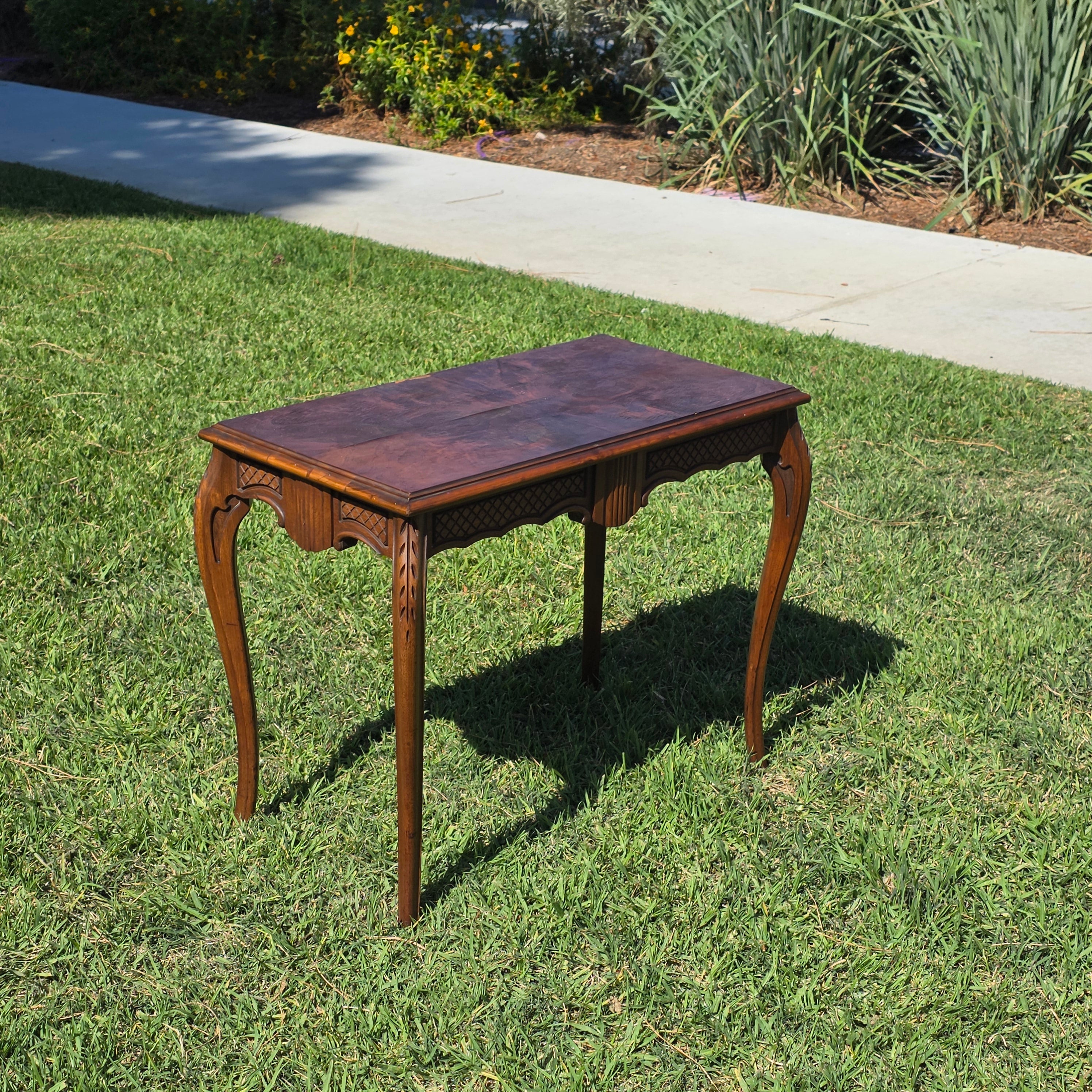 Vintage French Queen Anne Console Table Wood Accent Inlay Cabriole Leg 26" Small