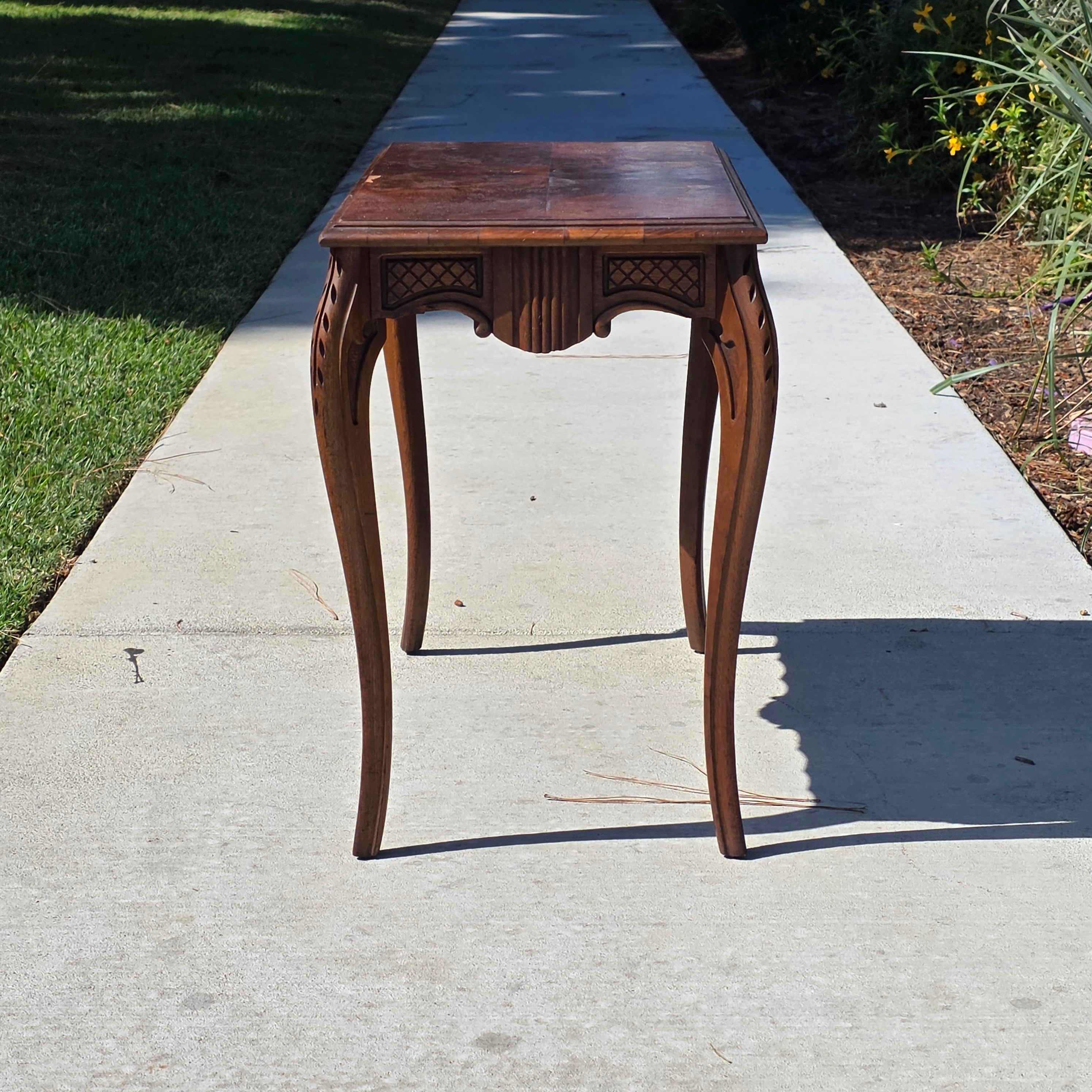 Vintage French Queen Anne Console Table Wood Accent Inlay Cabriole Leg 26" Small