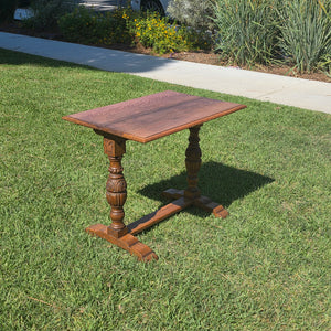 Antique Refectory Trestle Table Tiger Oak 1920s Jacobean Carved Small Desk 24"H