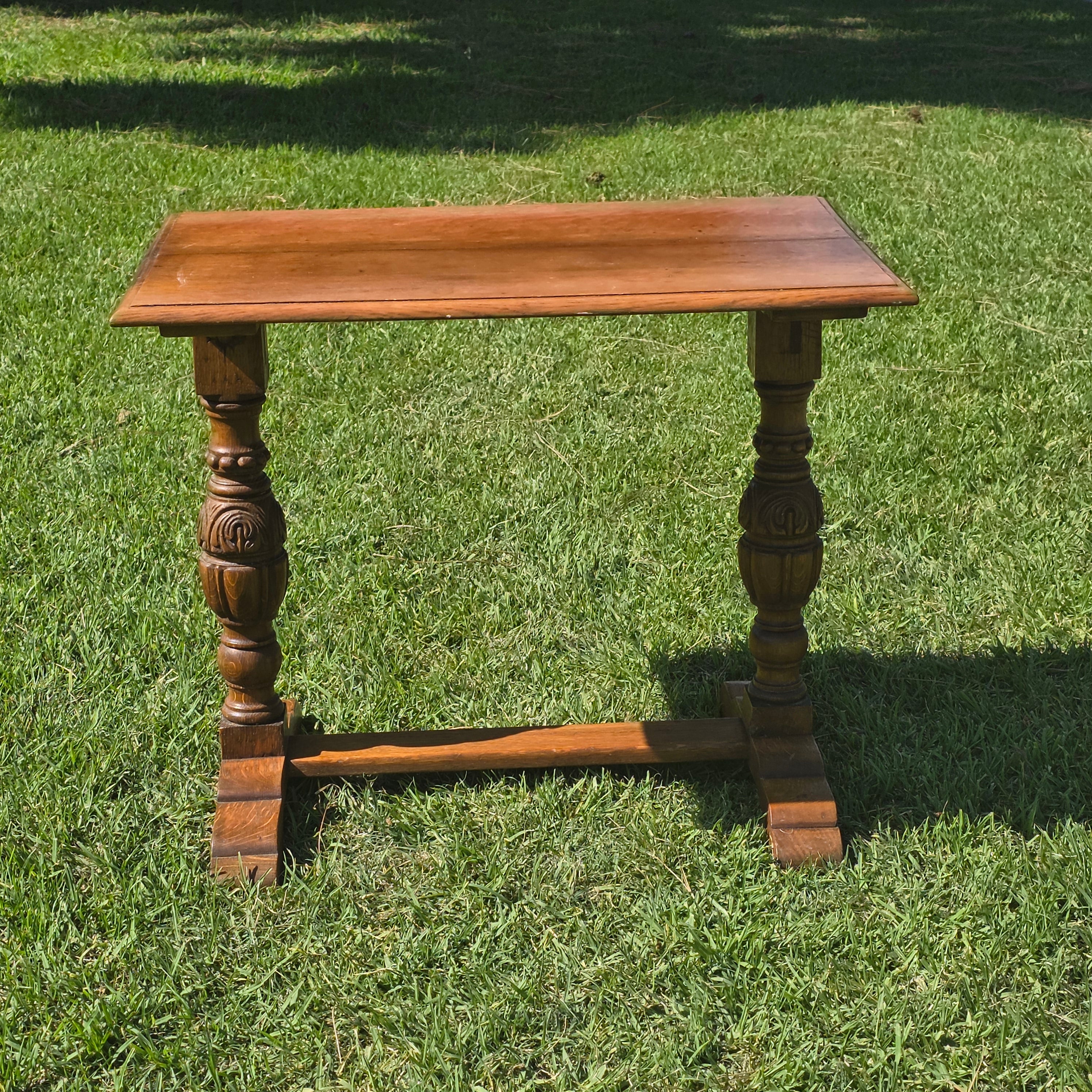 Antique Refectory Trestle Table Tiger Oak 1920s Jacobean Carved Small Desk 24"H