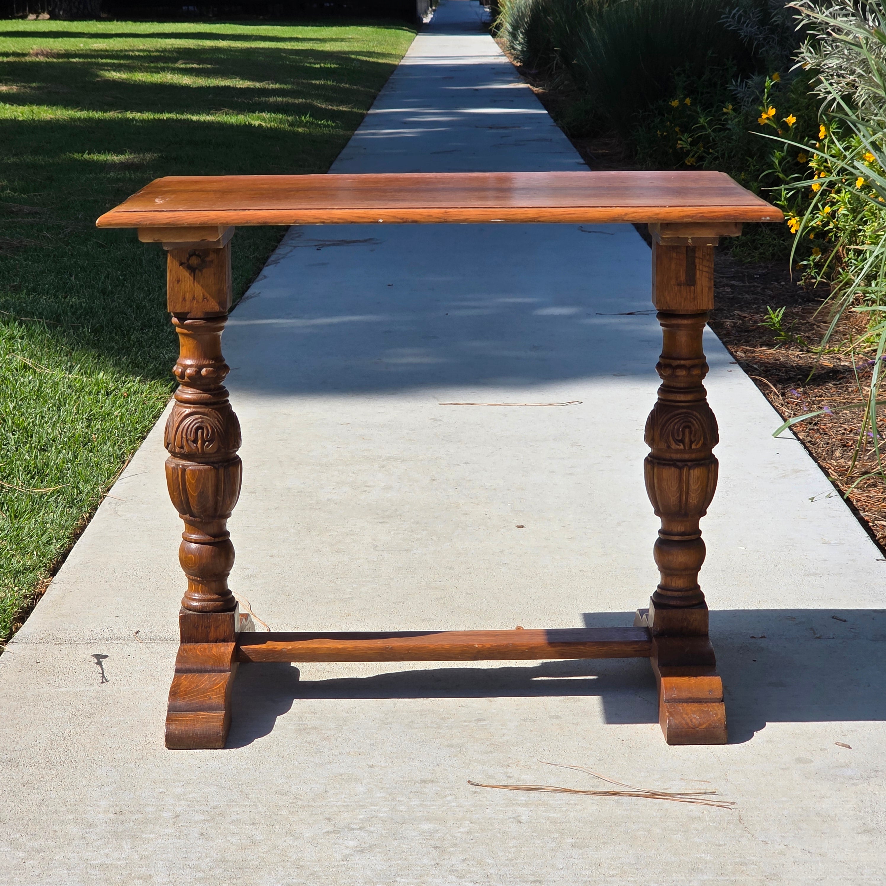 Antique Refectory Trestle Table Tiger Oak 1920s Jacobean Carved Small Desk 24"H