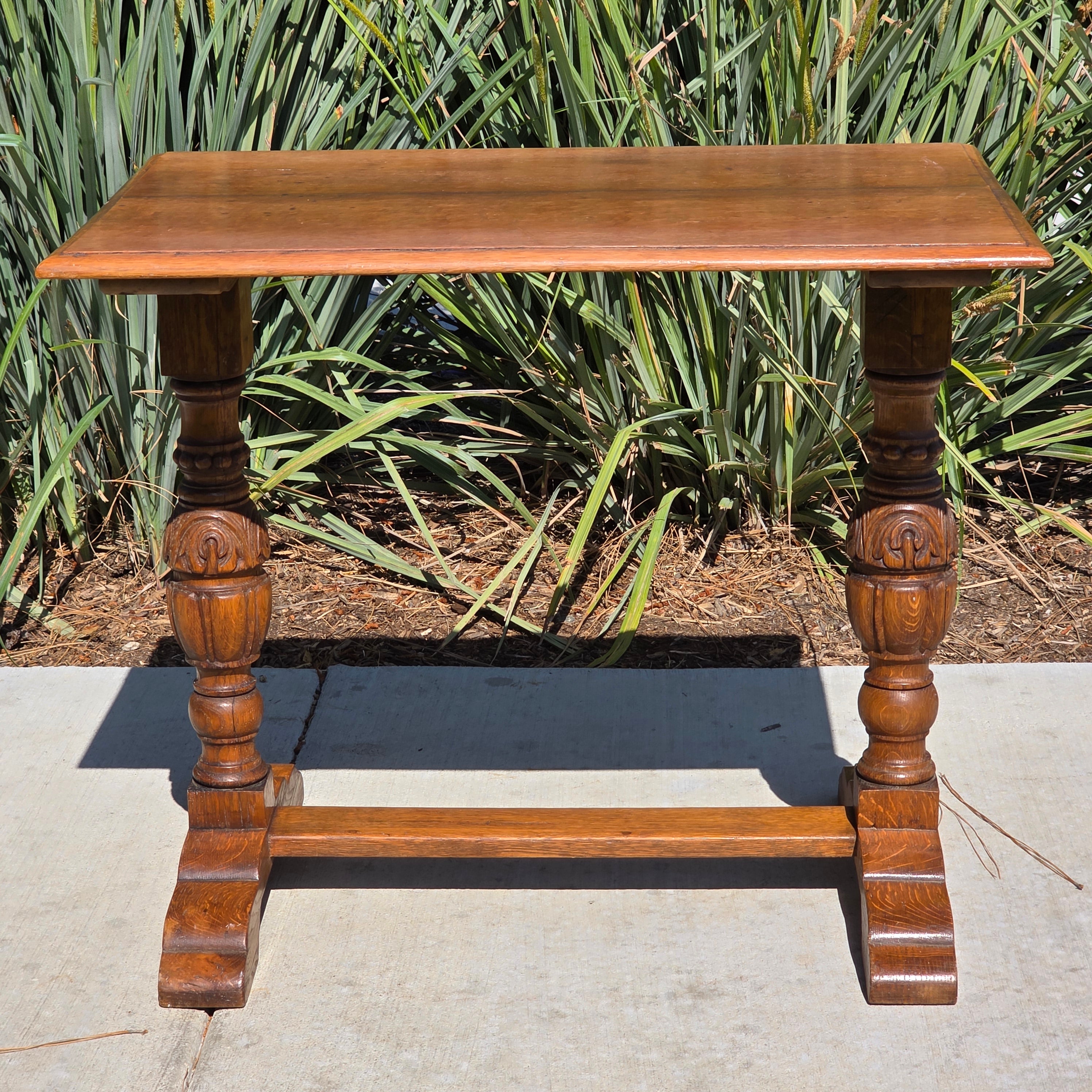 Antique Refectory Trestle Table Tiger Oak 1920s Jacobean Carved Small Desk 24"H