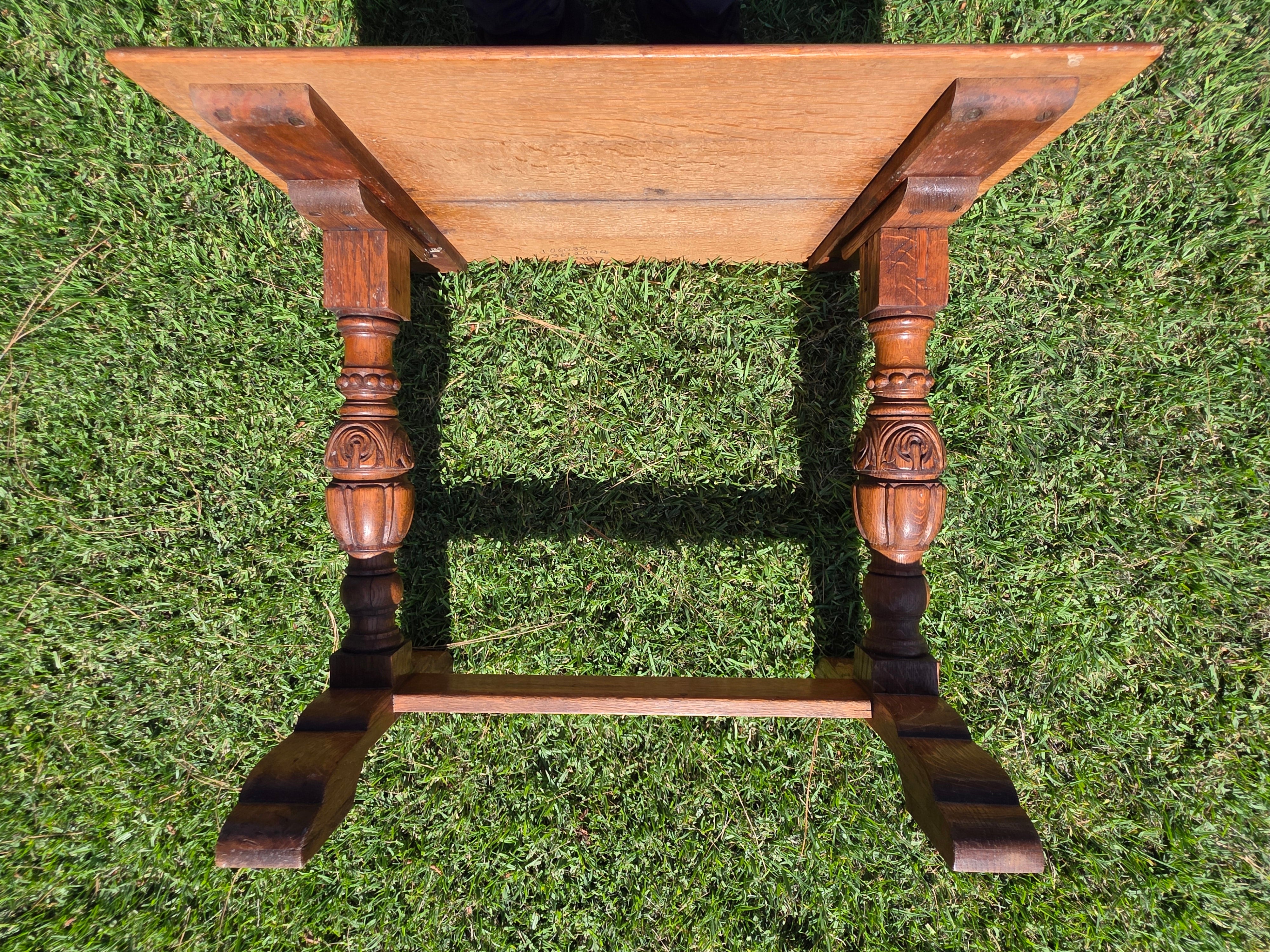 Antique Refectory Trestle Table Tiger Oak 1920s Jacobean Carved Small Desk 24"H