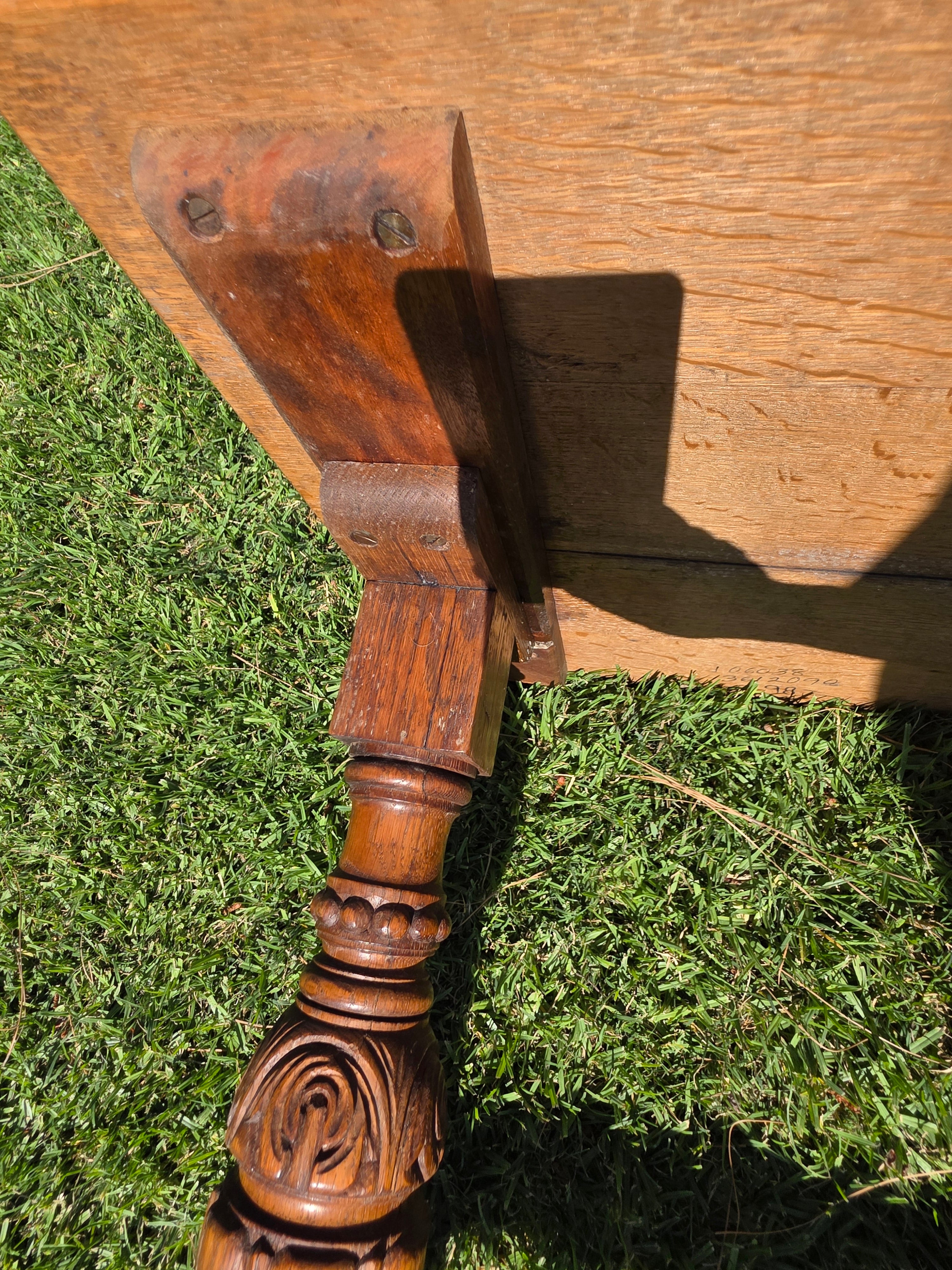 Antique Refectory Trestle Table Tiger Oak 1920s Jacobean Carved Small Desk 24"H
