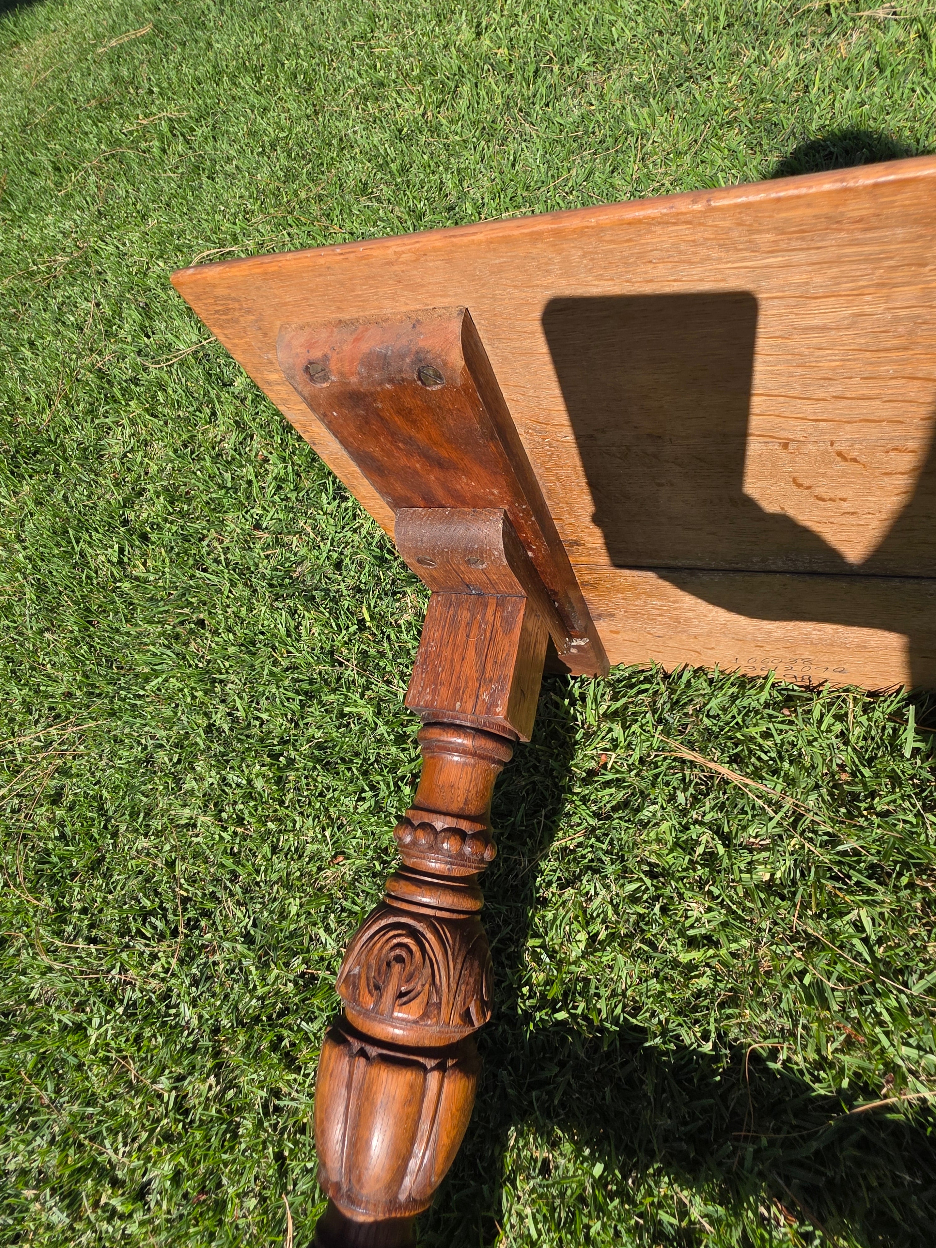 Antique Refectory Trestle Table Tiger Oak 1920s Jacobean Carved Small Desk 24"H
