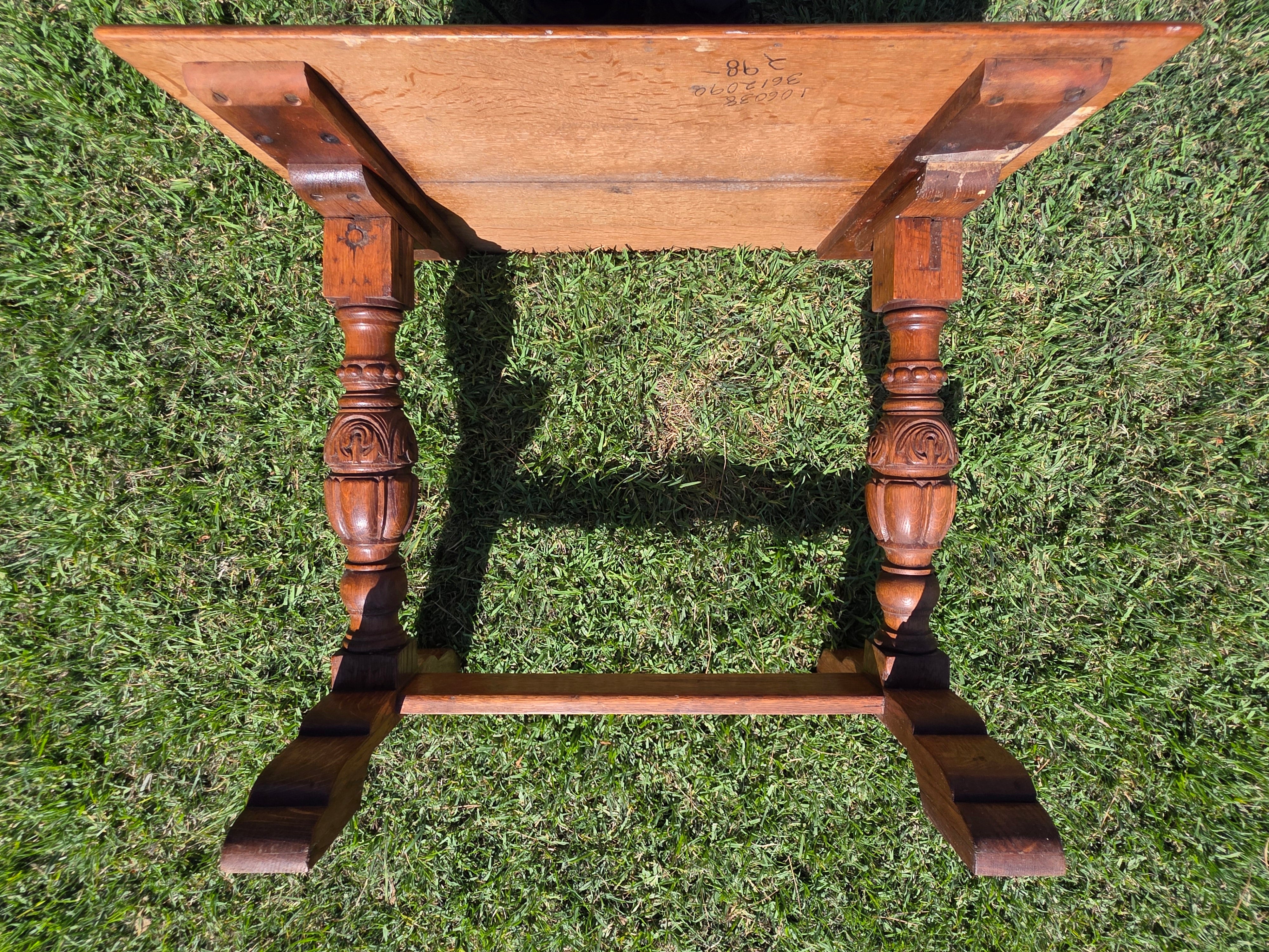 Antique Refectory Trestle Table Tiger Oak 1920s Jacobean Carved Small Desk 24"H