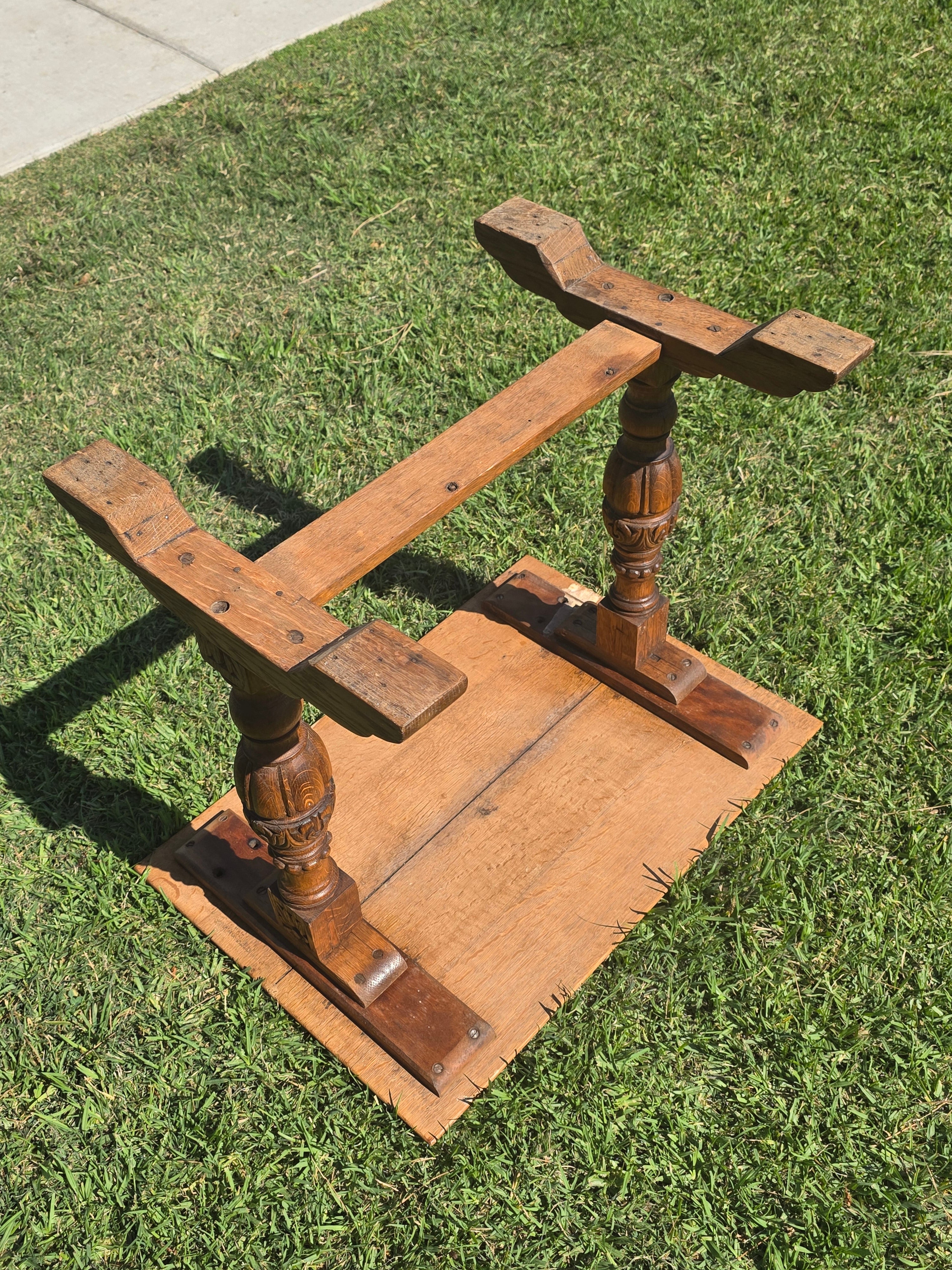 Antique Refectory Trestle Table Tiger Oak 1920s Jacobean Carved Small Desk 24"H