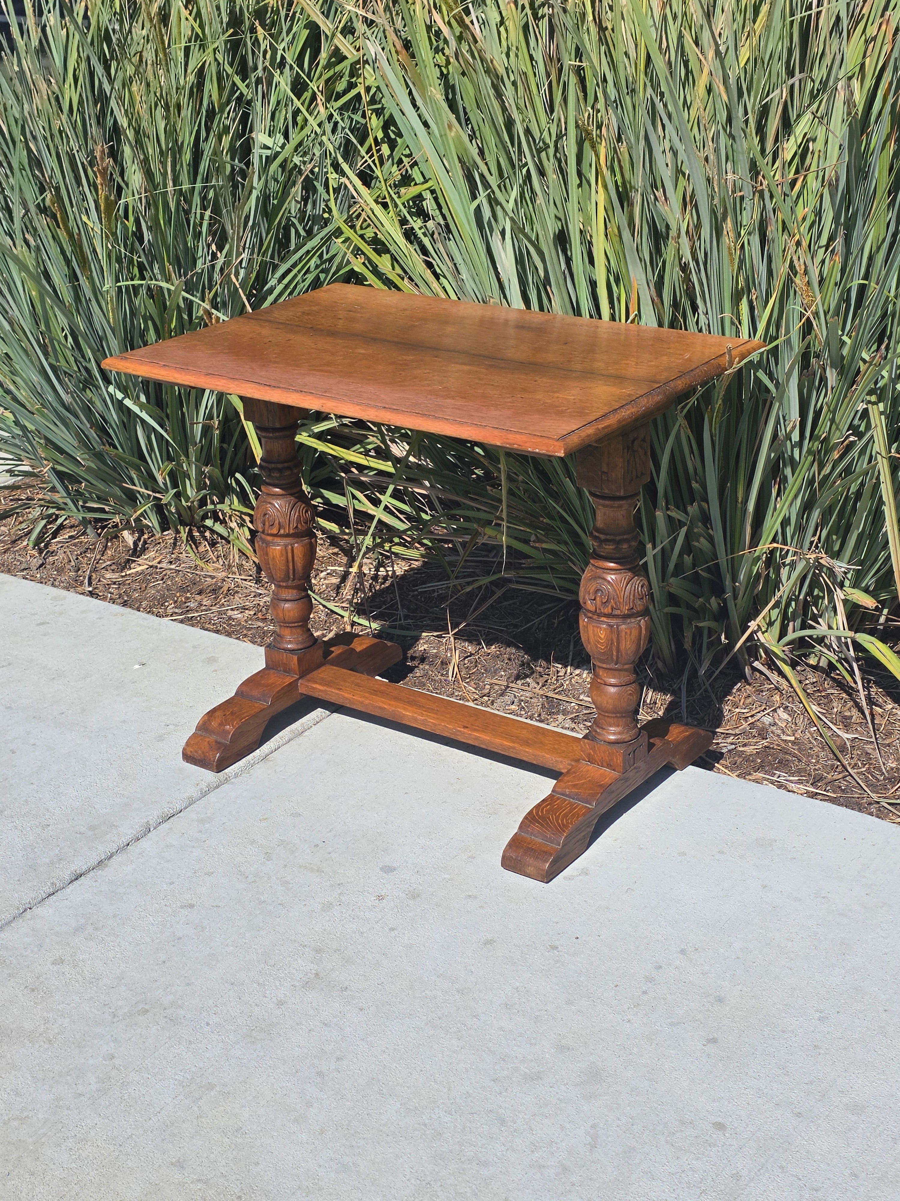 Antique Refectory Trestle Table Tiger Oak 1920s Jacobean Carved Small Desk 24"H