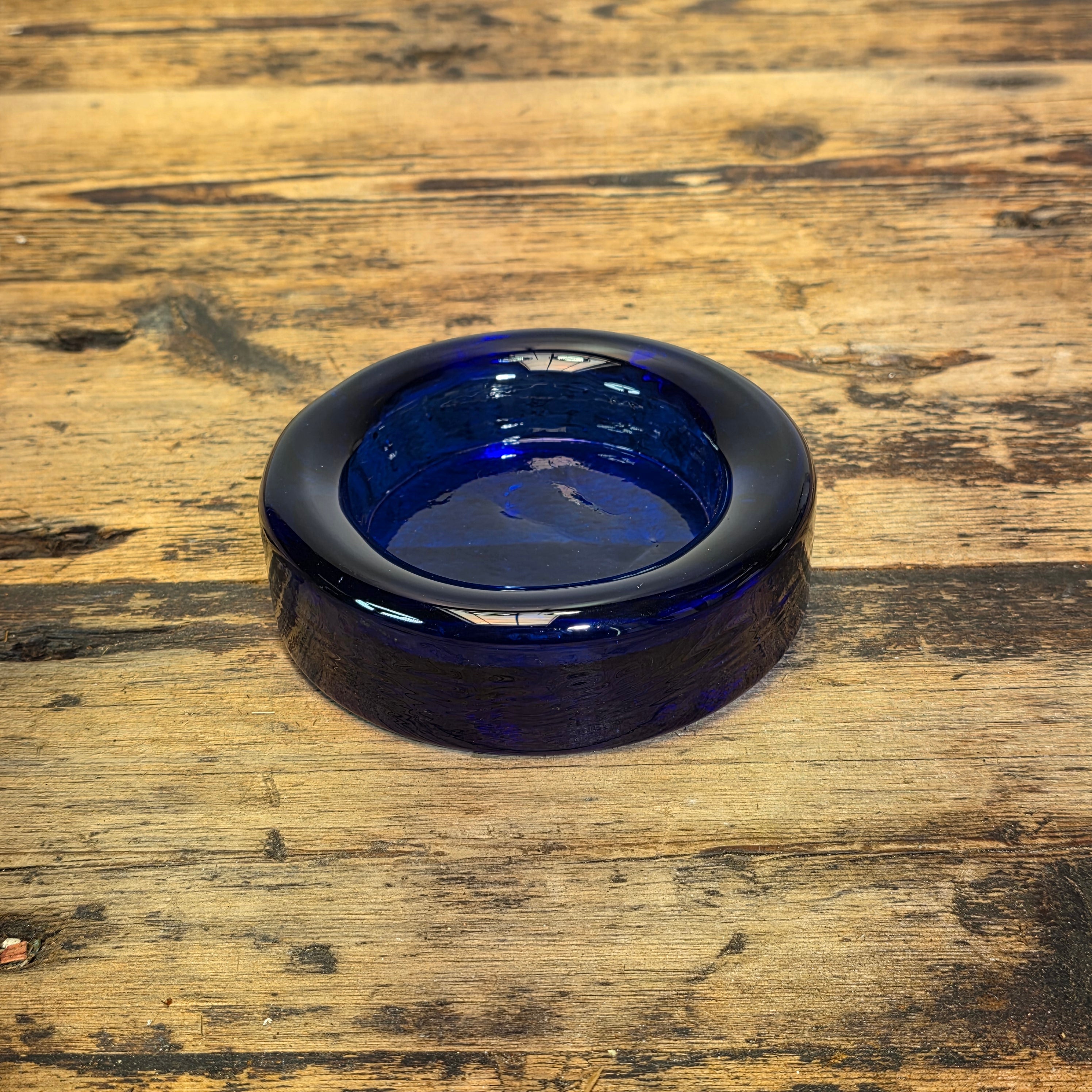Vintage Cobalt Blue Glass Ashtray Round Heavy MCM Cigar Trinket Dish 4.5"