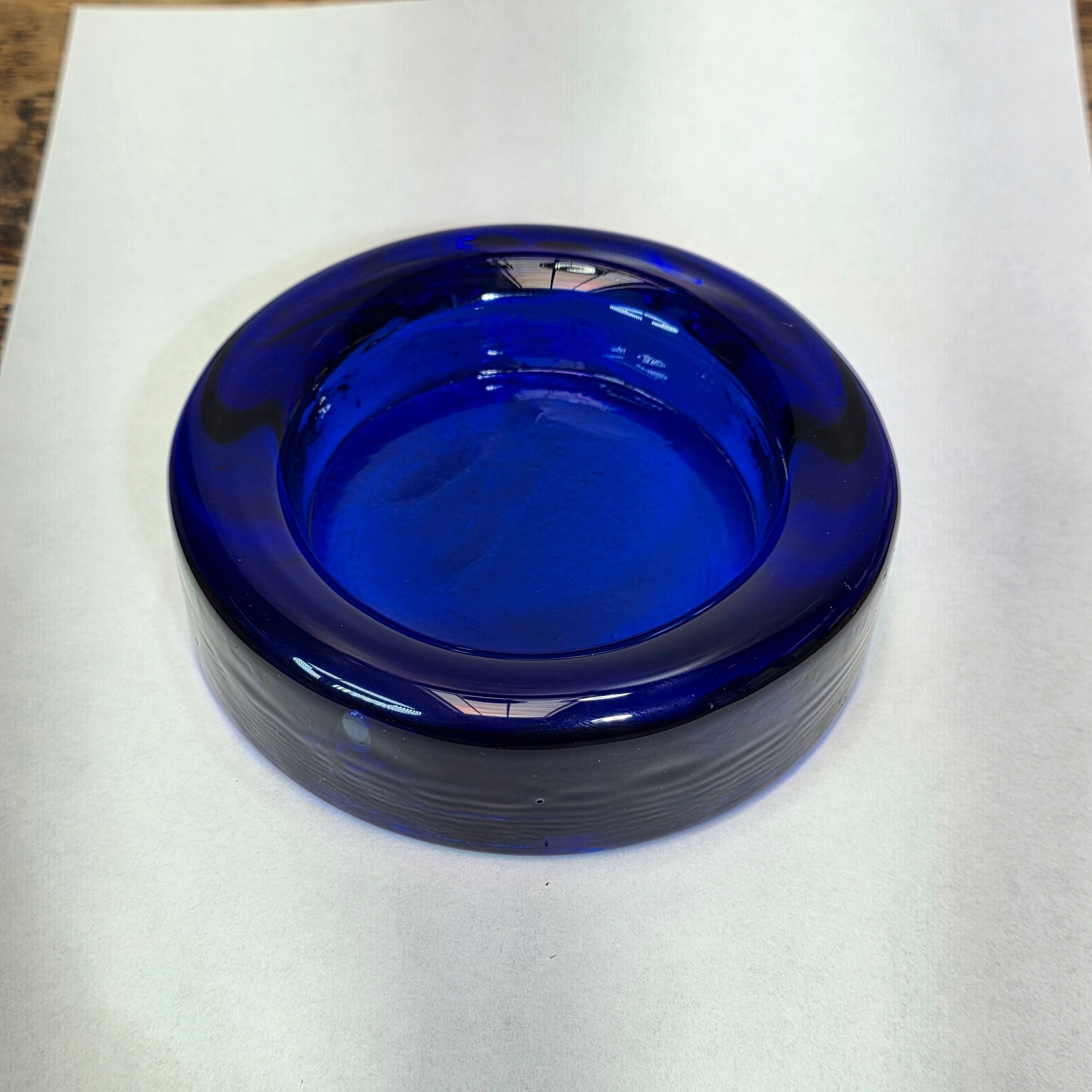 Vintage Cobalt Blue Glass Ashtray Round Heavy MCM Cigar Trinket Dish 4.5"