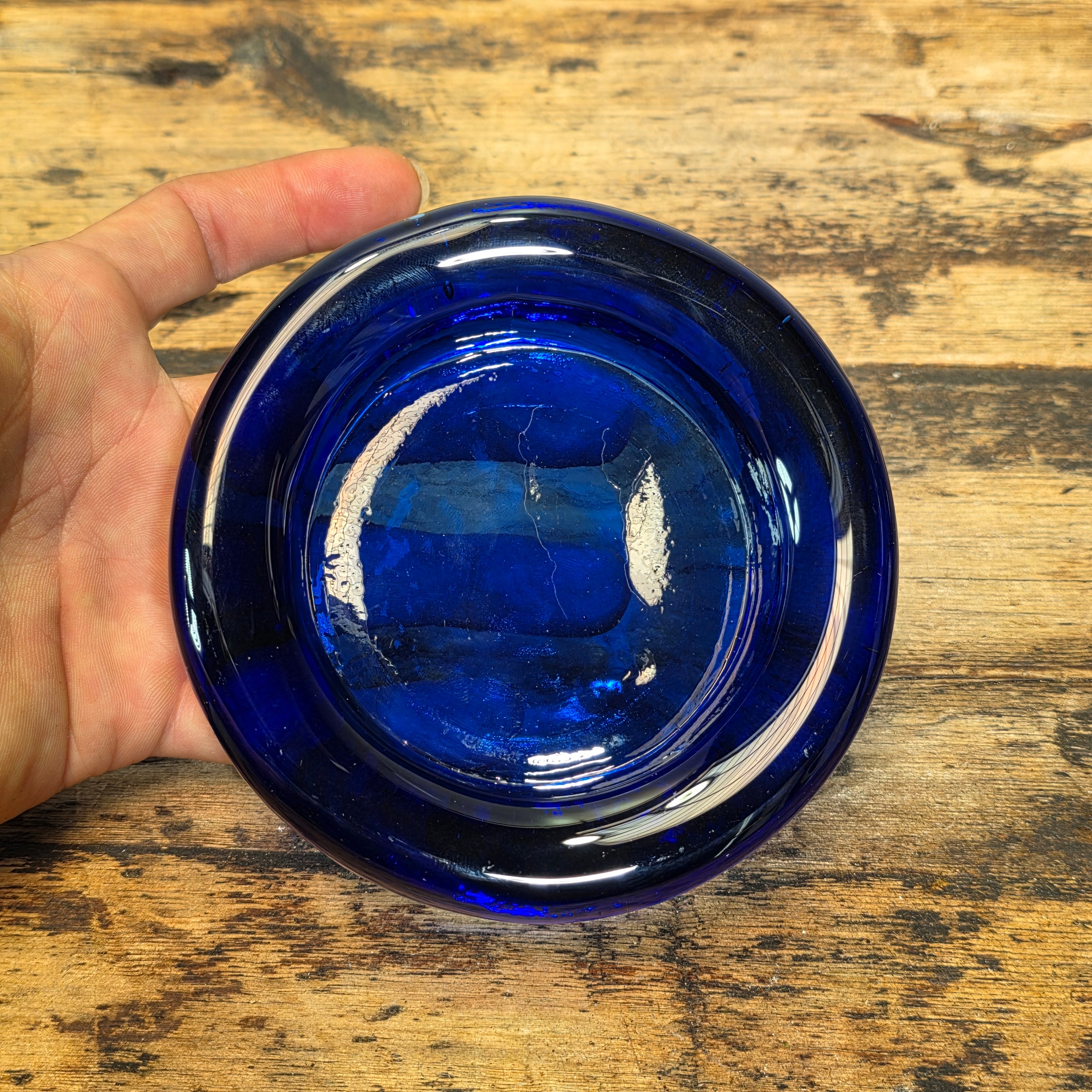 Vintage Cobalt Blue Glass Ashtray Round Heavy MCM Cigar Trinket Dish 4.5"