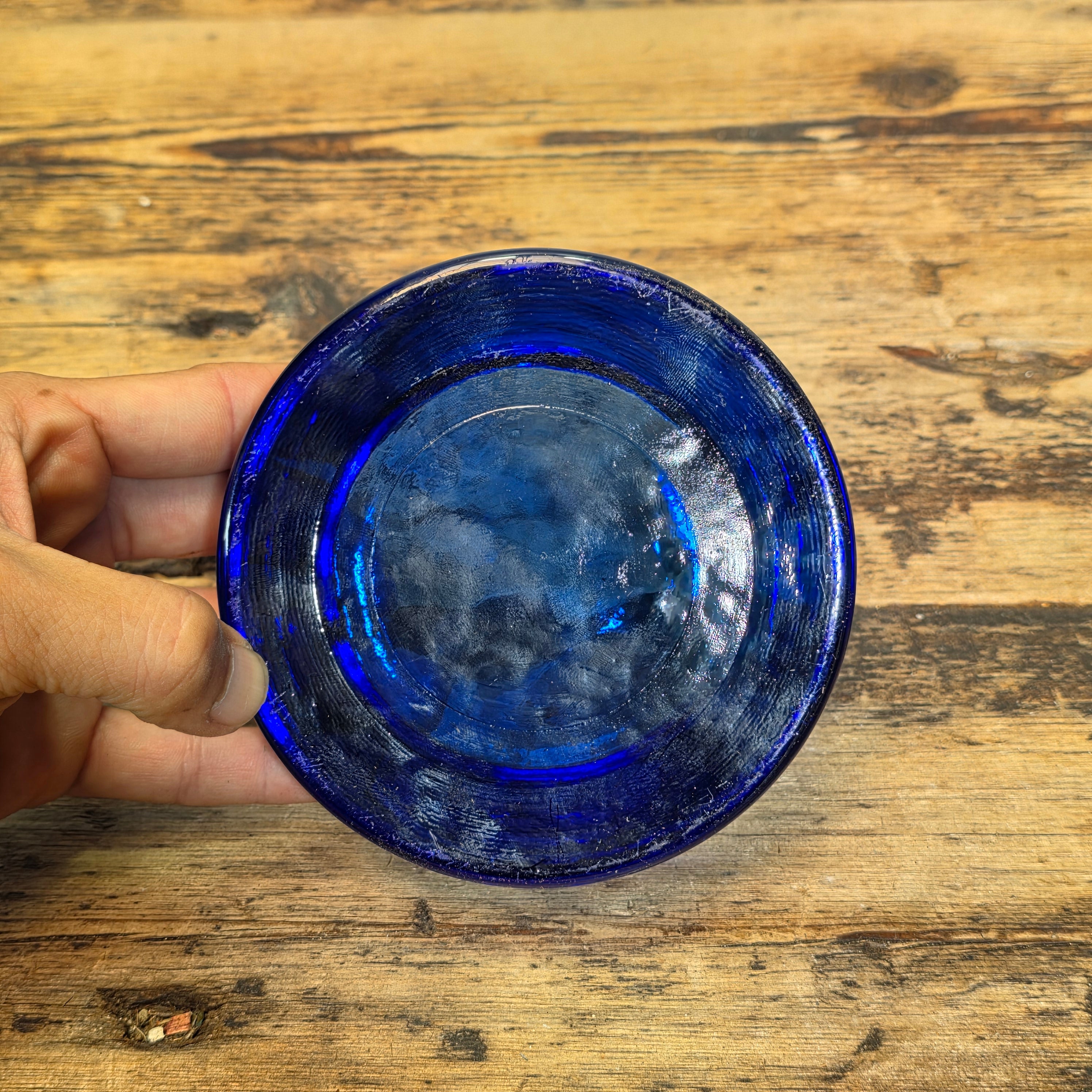 Vintage Cobalt Blue Glass Ashtray Round Heavy MCM Cigar Trinket Dish 4.5"