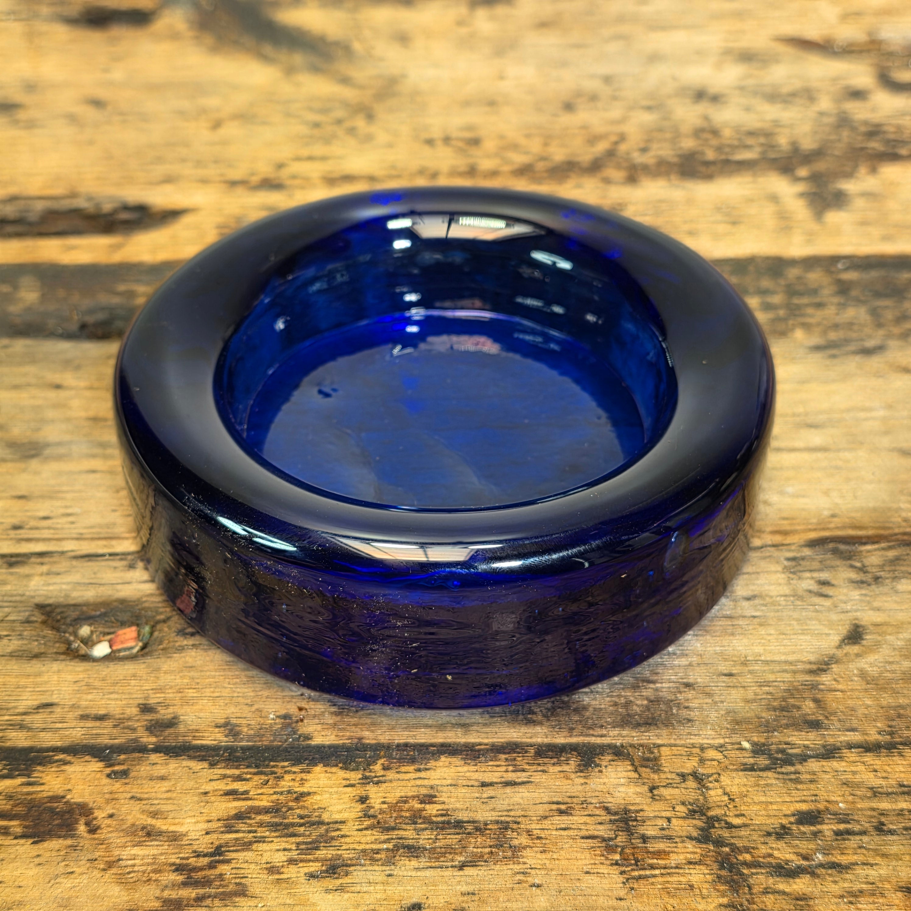 Vintage Cobalt Blue Glass Ashtray Round Heavy MCM Cigar Trinket Dish 4.5"