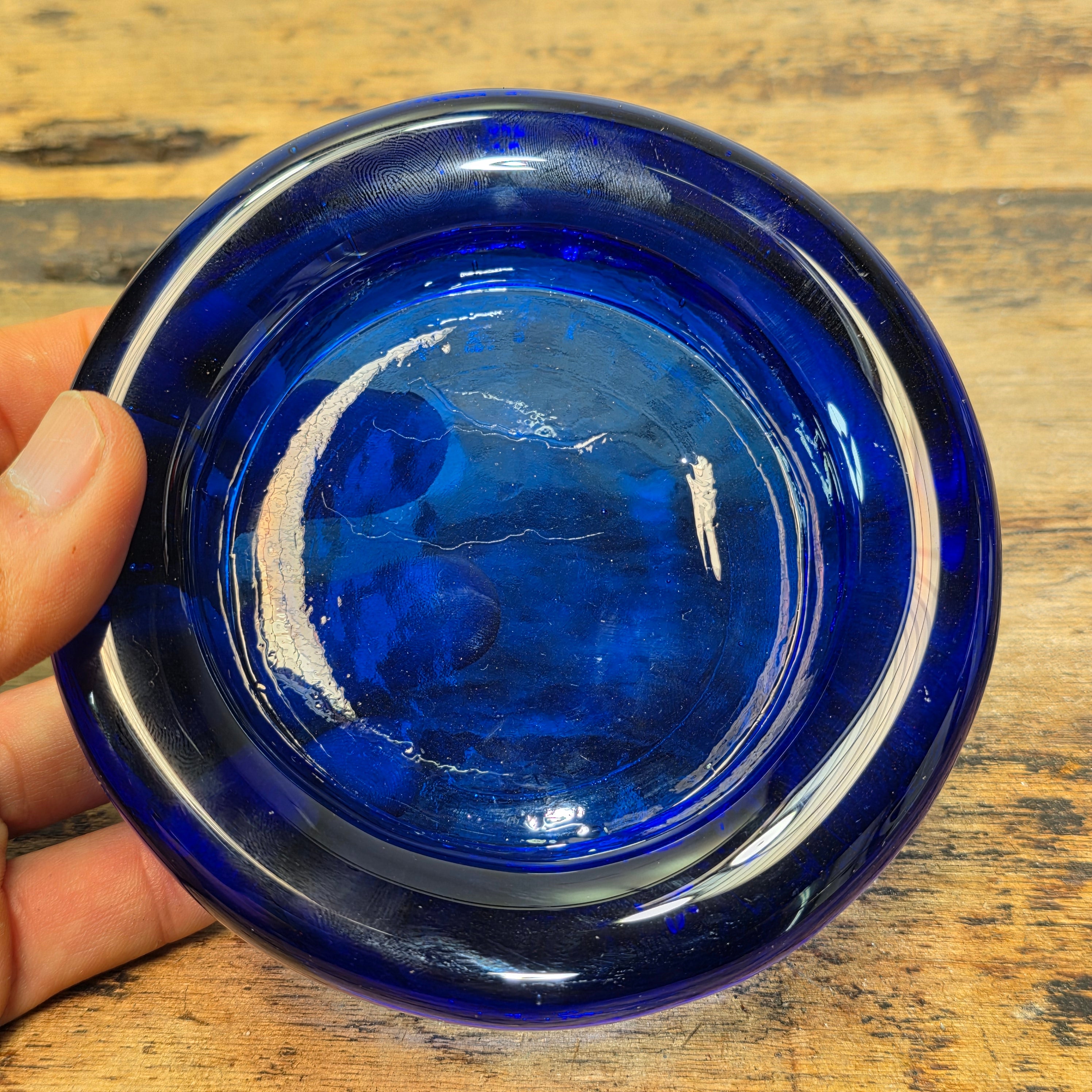 Vintage Cobalt Blue Glass Ashtray Round Heavy MCM Cigar Trinket Dish 4.5"