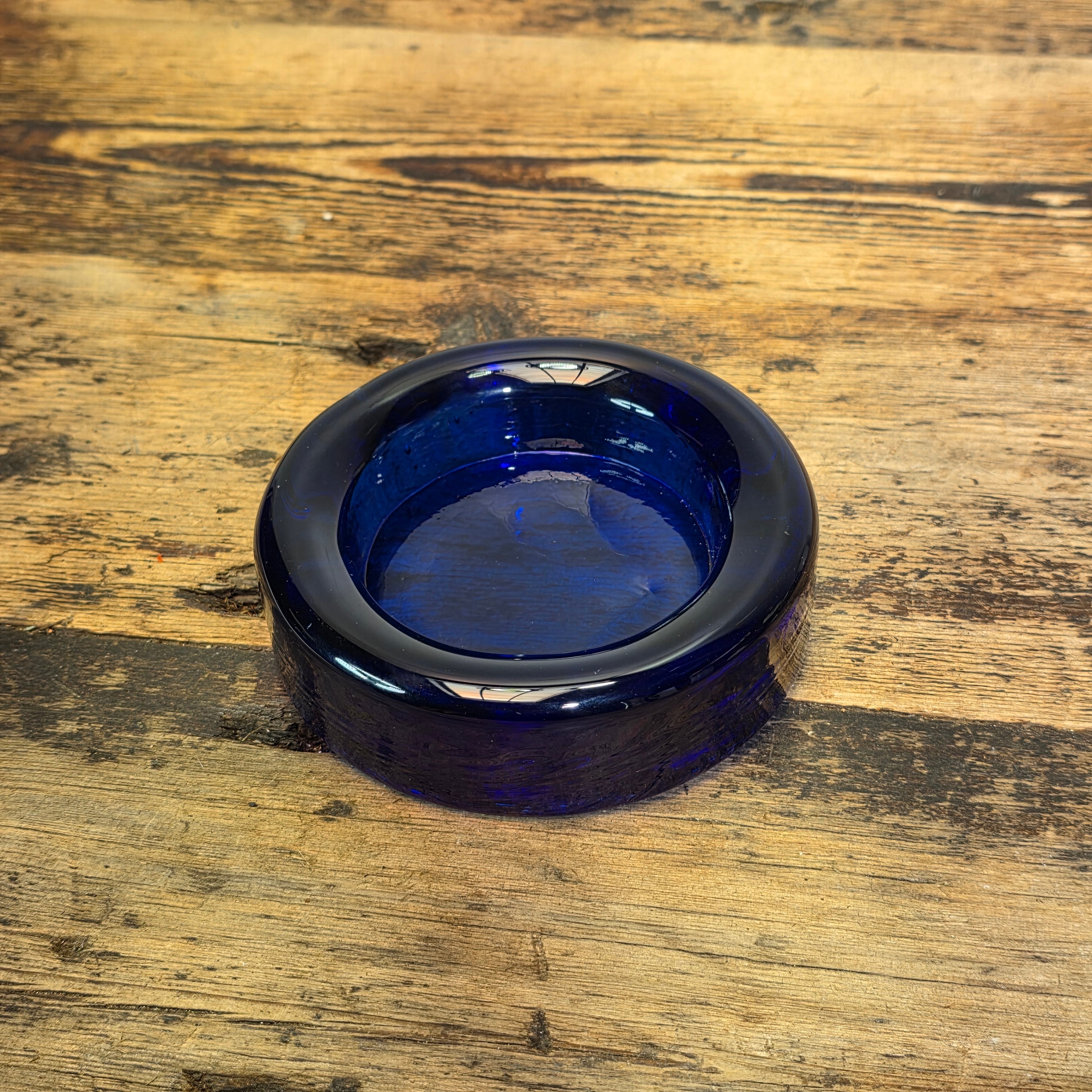 Vintage Cobalt Blue Glass Ashtray Round Heavy MCM Cigar Trinket Dish 4.5"