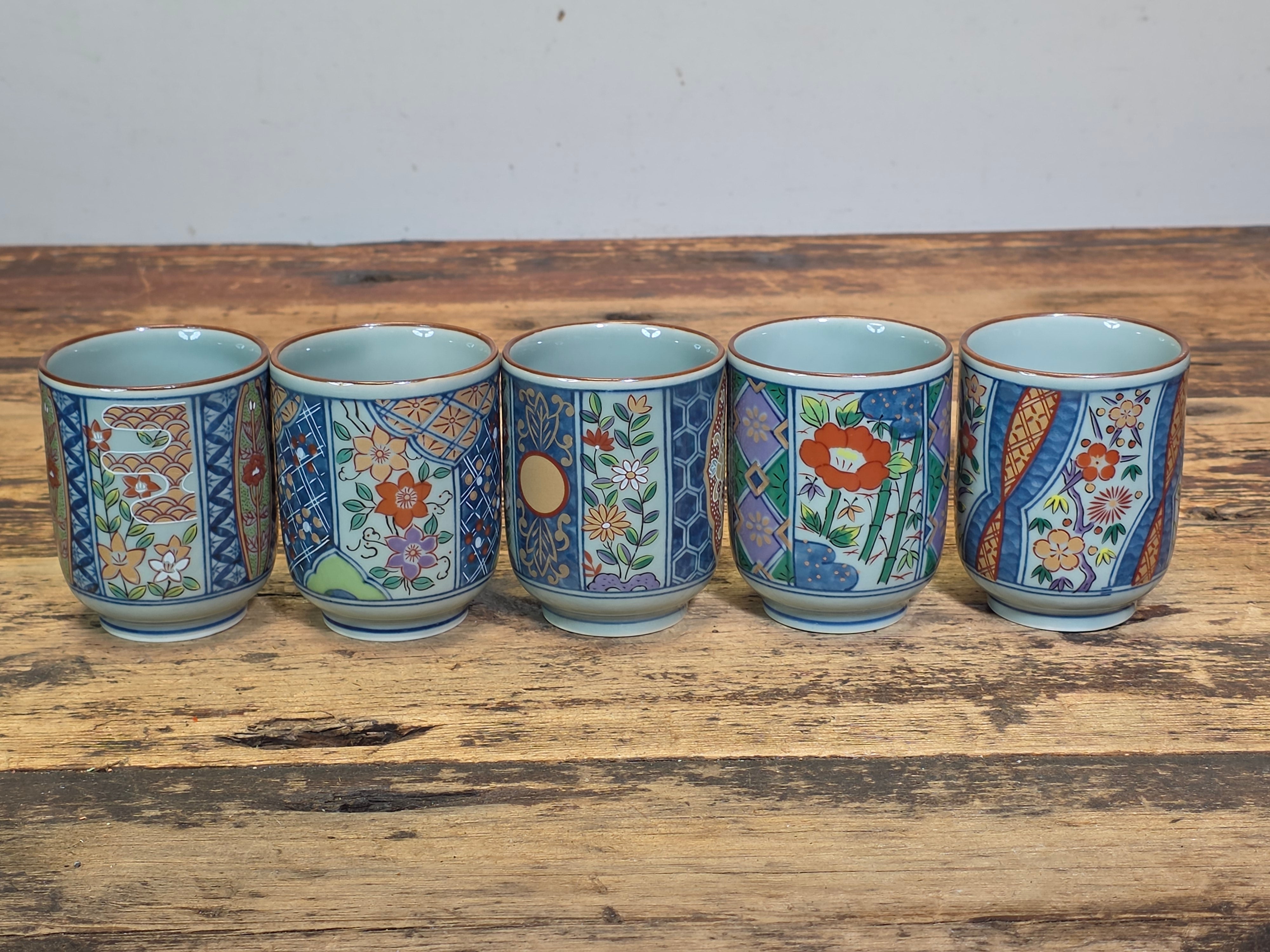 Arita Ware Nishou Kiln Tea Cups Set of 5 Somenishiki Imari Porcelain Japan 5oz