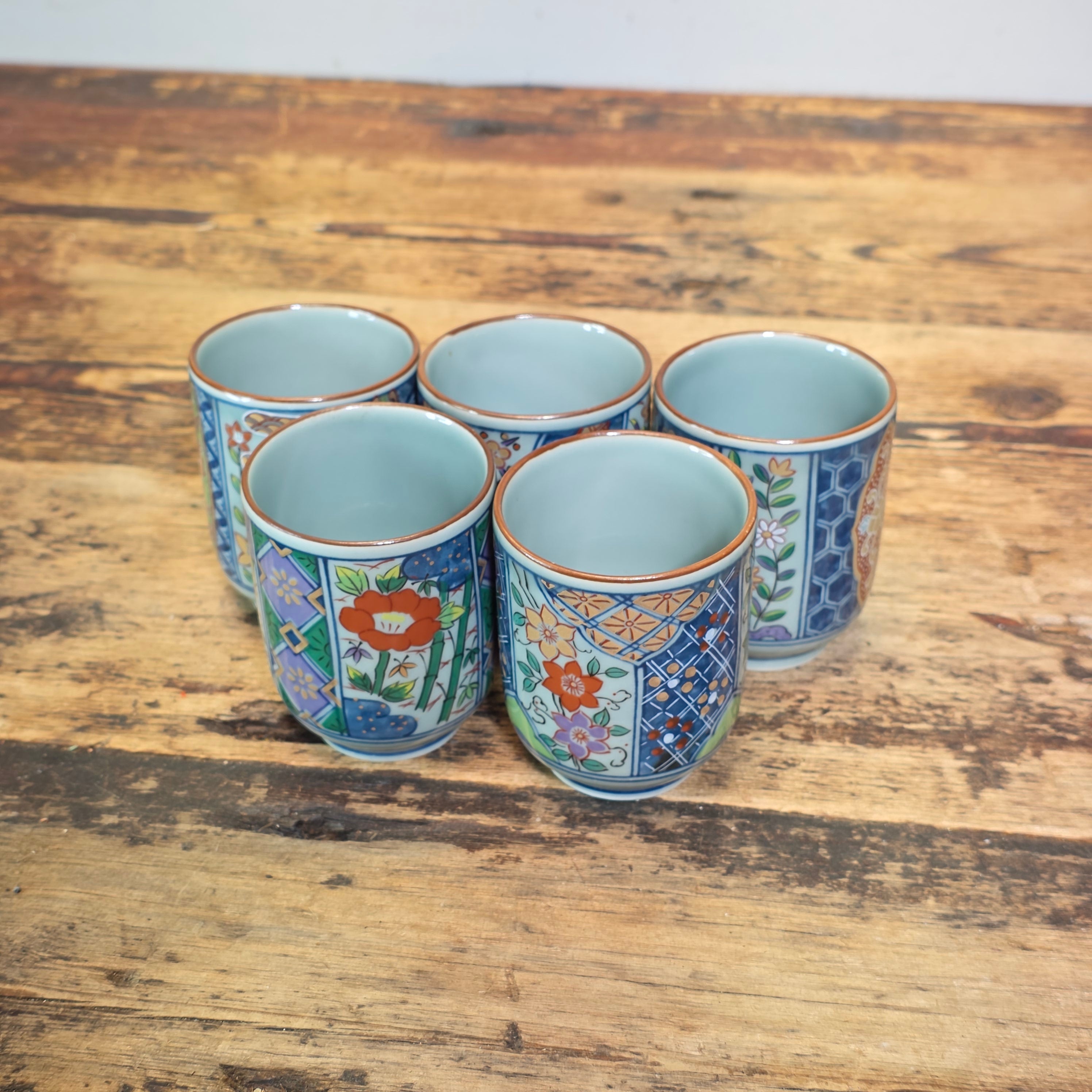 Arita Ware Nishou Kiln Tea Cups Set of 5 Somenishiki Imari Porcelain Japan 5oz