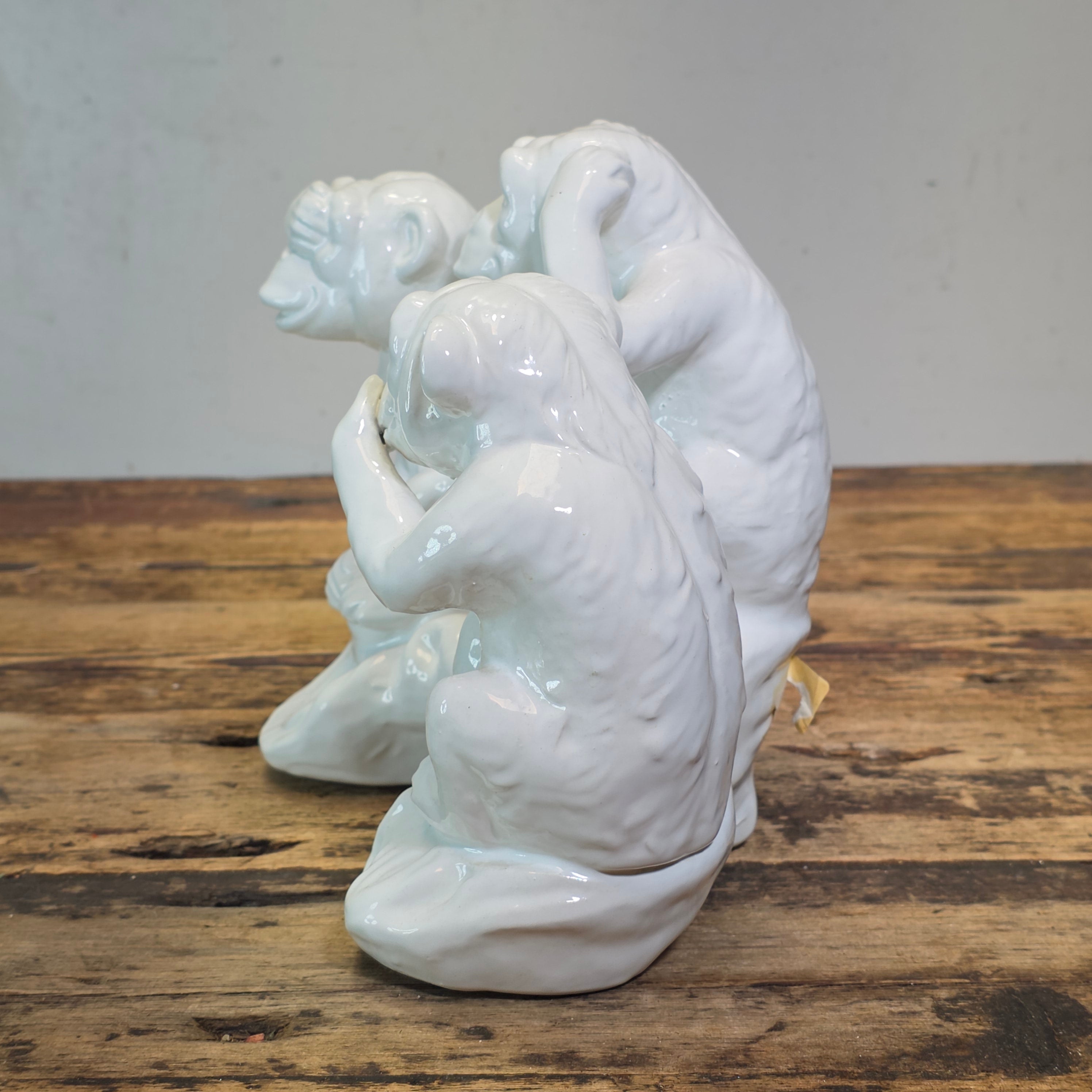 Vintage Italy White Ceramic Three Wise Monkeys Statue Hollywood Regency MCM