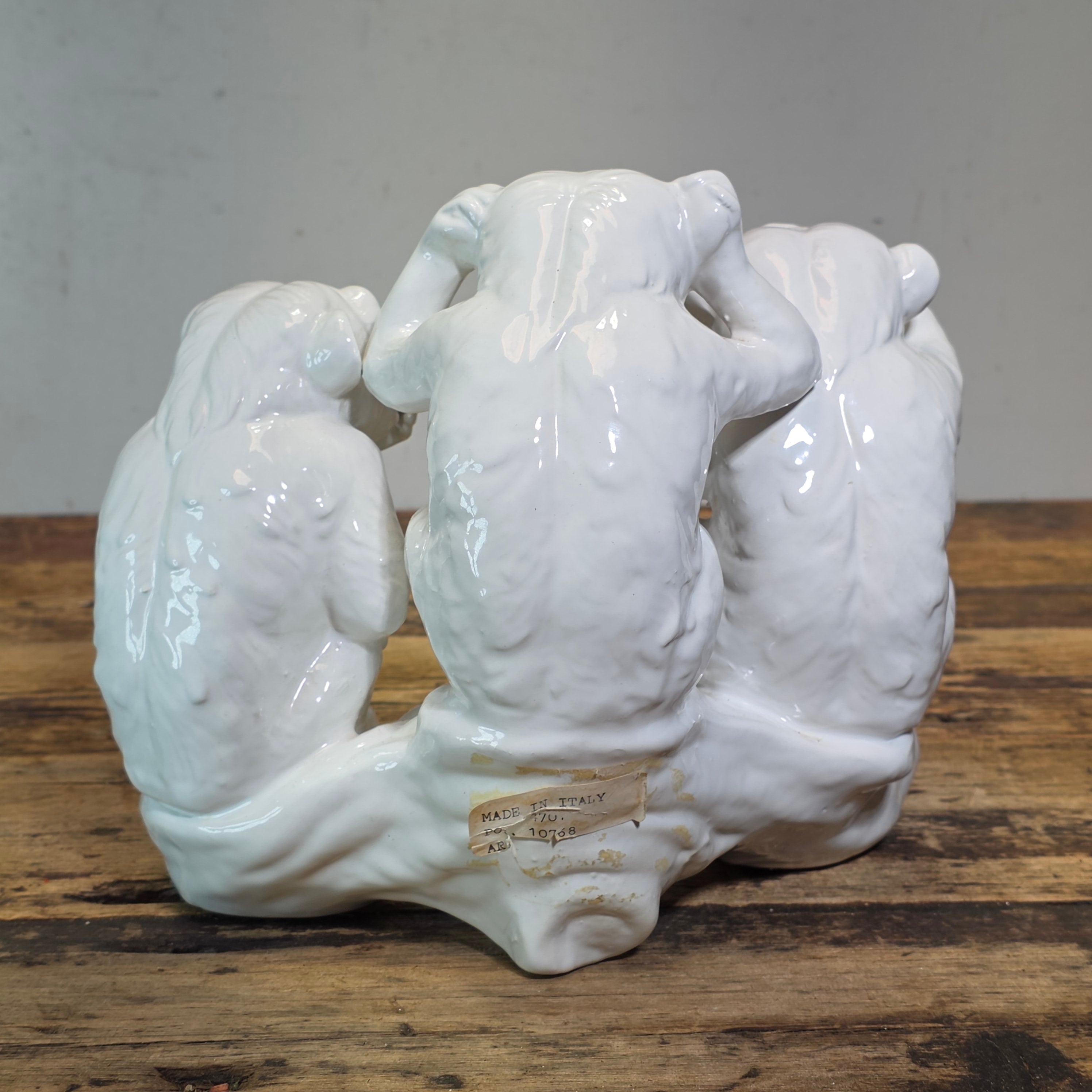 Vintage Italy White Ceramic Three Wise Monkeys Statue Hollywood Regency MCM