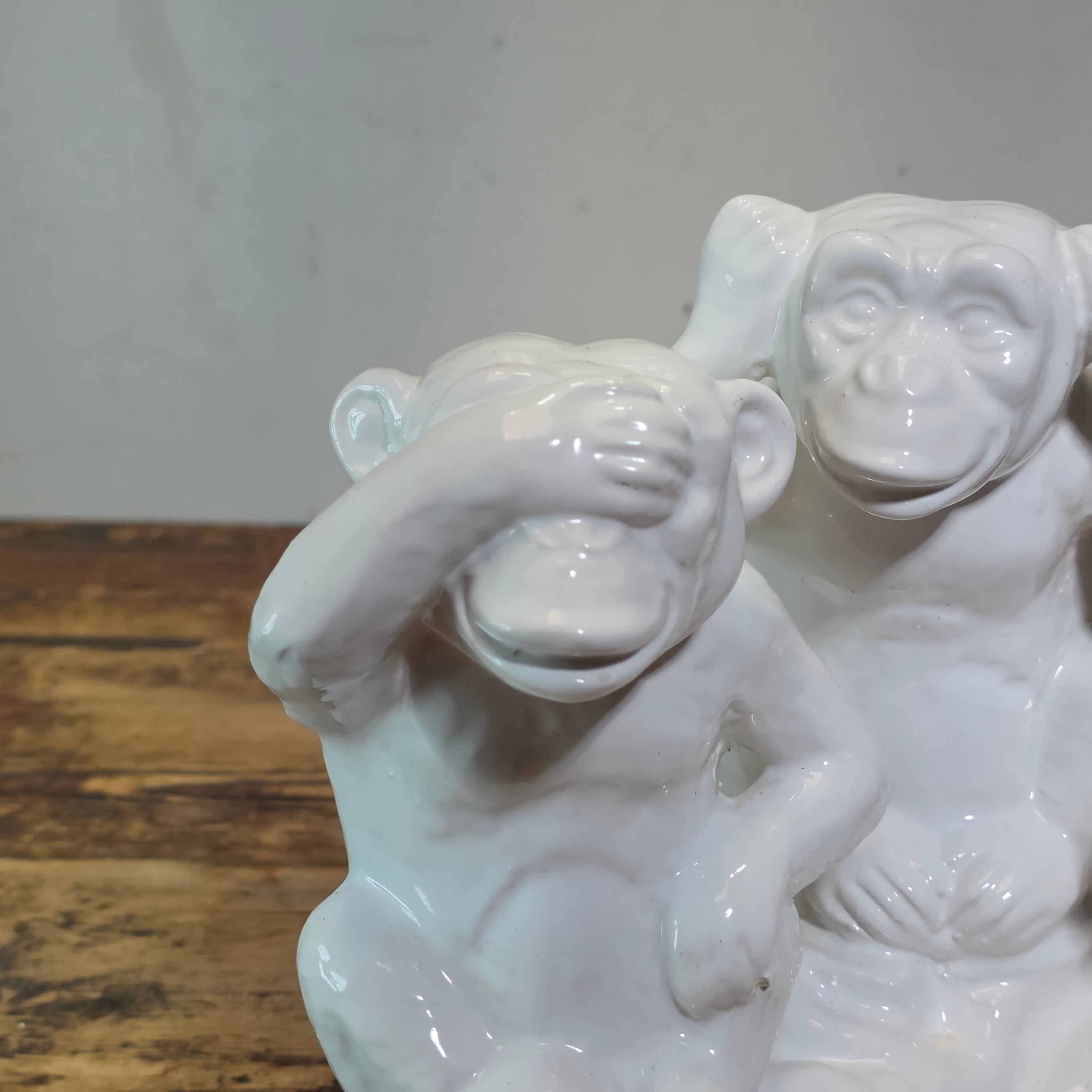 Vintage Italy White Ceramic Three Wise Monkeys Statue Hollywood Regency MCM