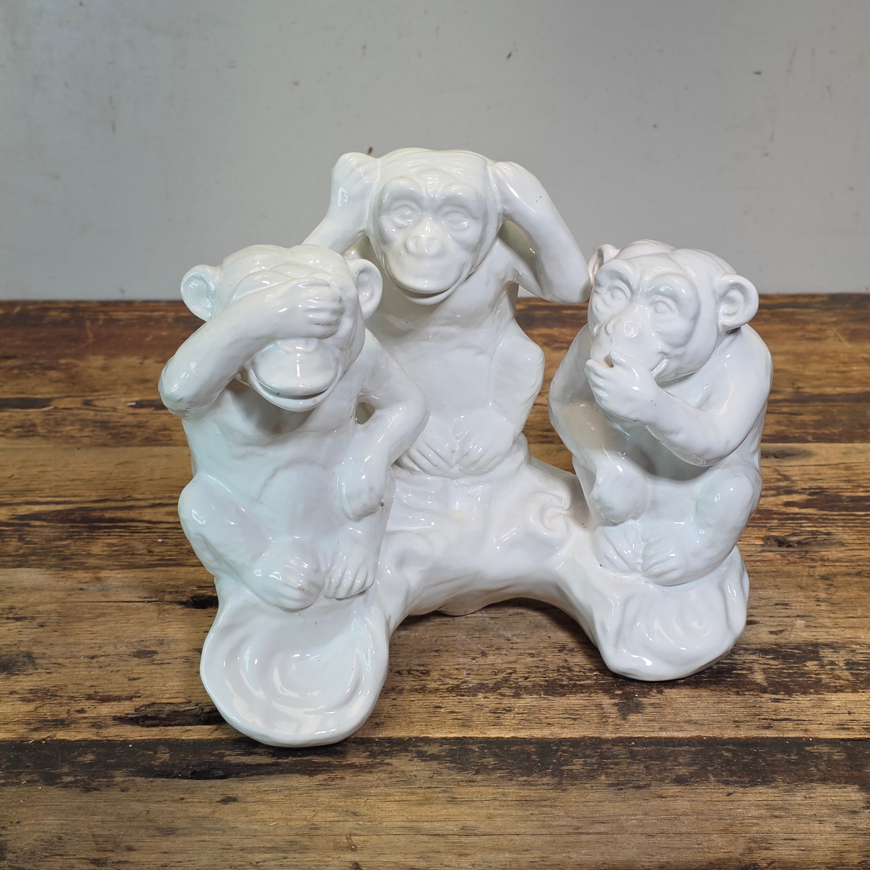 Vintage Italy White Ceramic Three Wise Monkeys Statue Hollywood Regency MCM