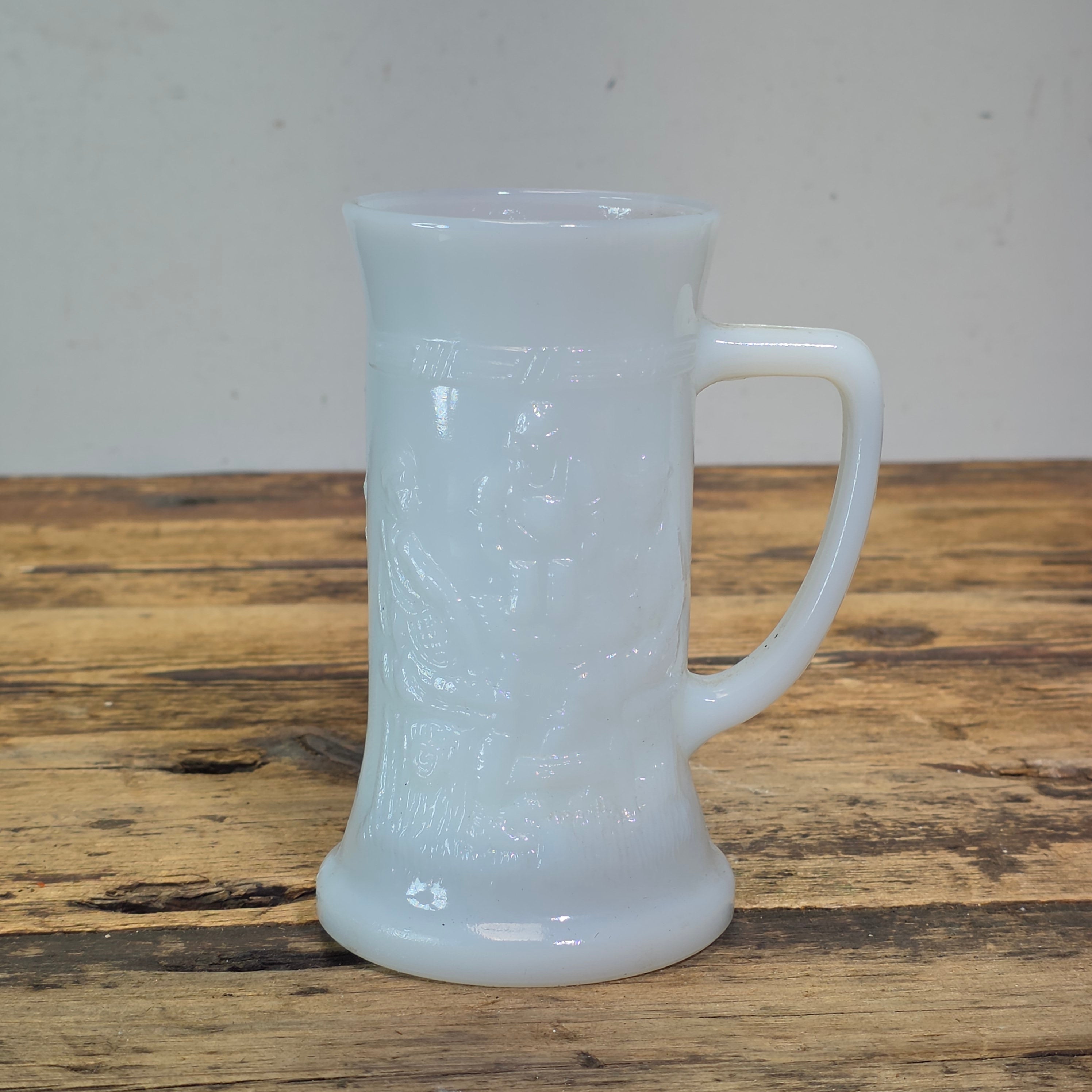Vintage Federal Milk Glass Beer Stein Mug Tavern Scene Iridescent Heat Proof 6"