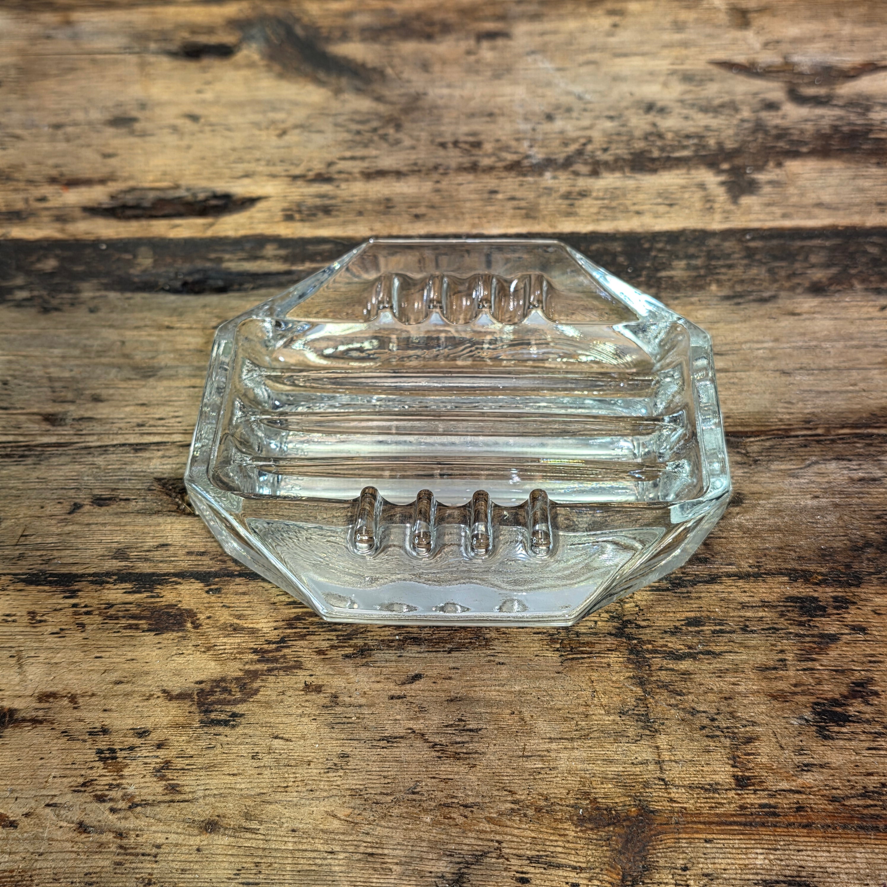 Vintage Safex Clear Glass Ashtray Octagon Mid Century Modern Art Deco 5" Heavy