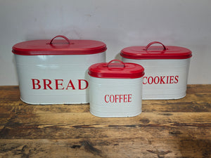 Vintage Mid-Century Metal Kitchen Canister 3-Piece Set - Bread, Cookies & Coffee