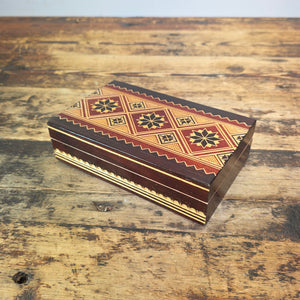 Vintage Wood Jewelry Box Chip Carved Keepsake Trinket Inlay Geometric Folk Art